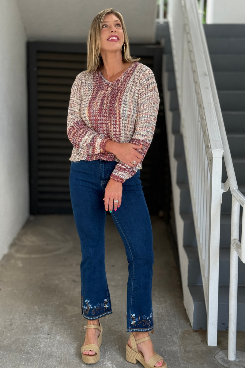 Women’s Charlie B textured knit sweater in burgundy cream and blue