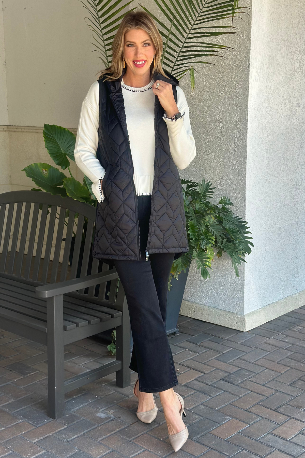 Charlie B Black Long Quilted Puffer Hood Vest
