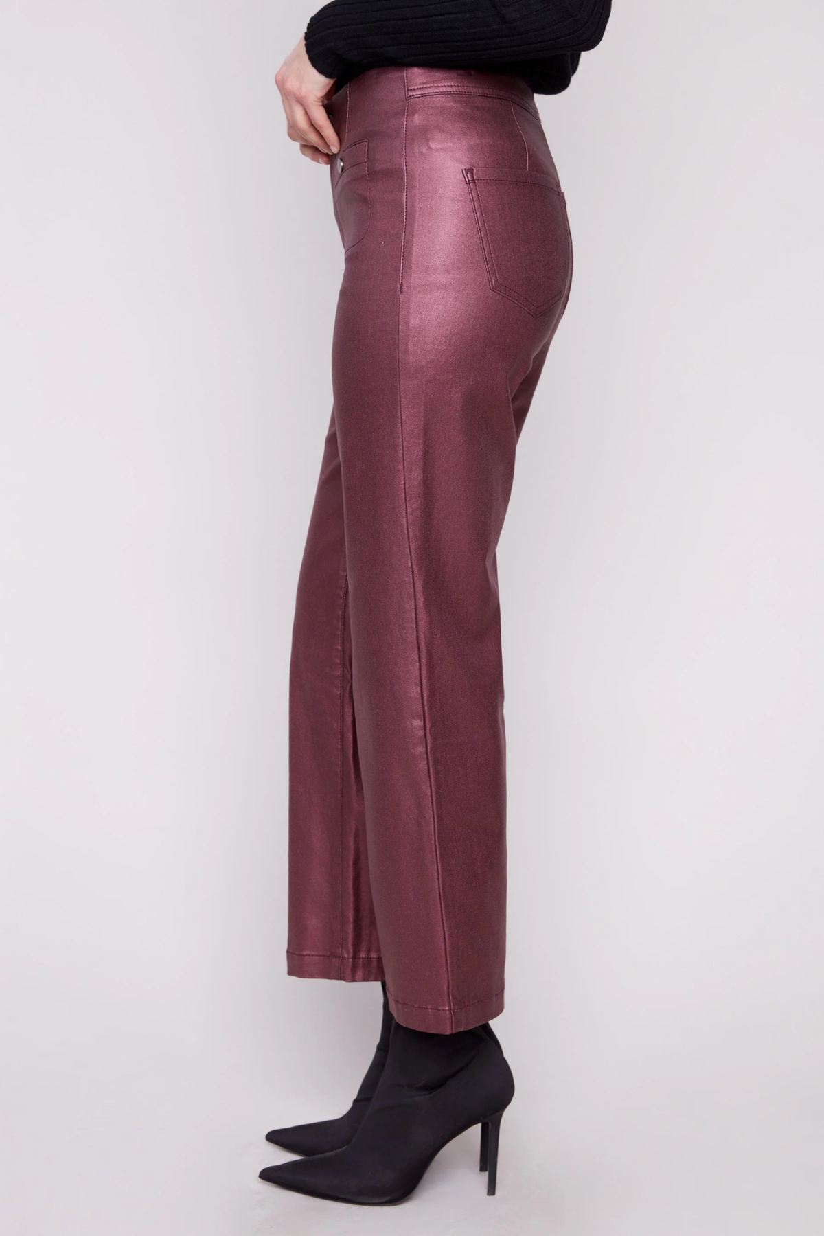 Close-up of metallic wax texture and front welt pockets on Charlie B Cabernet Pants.