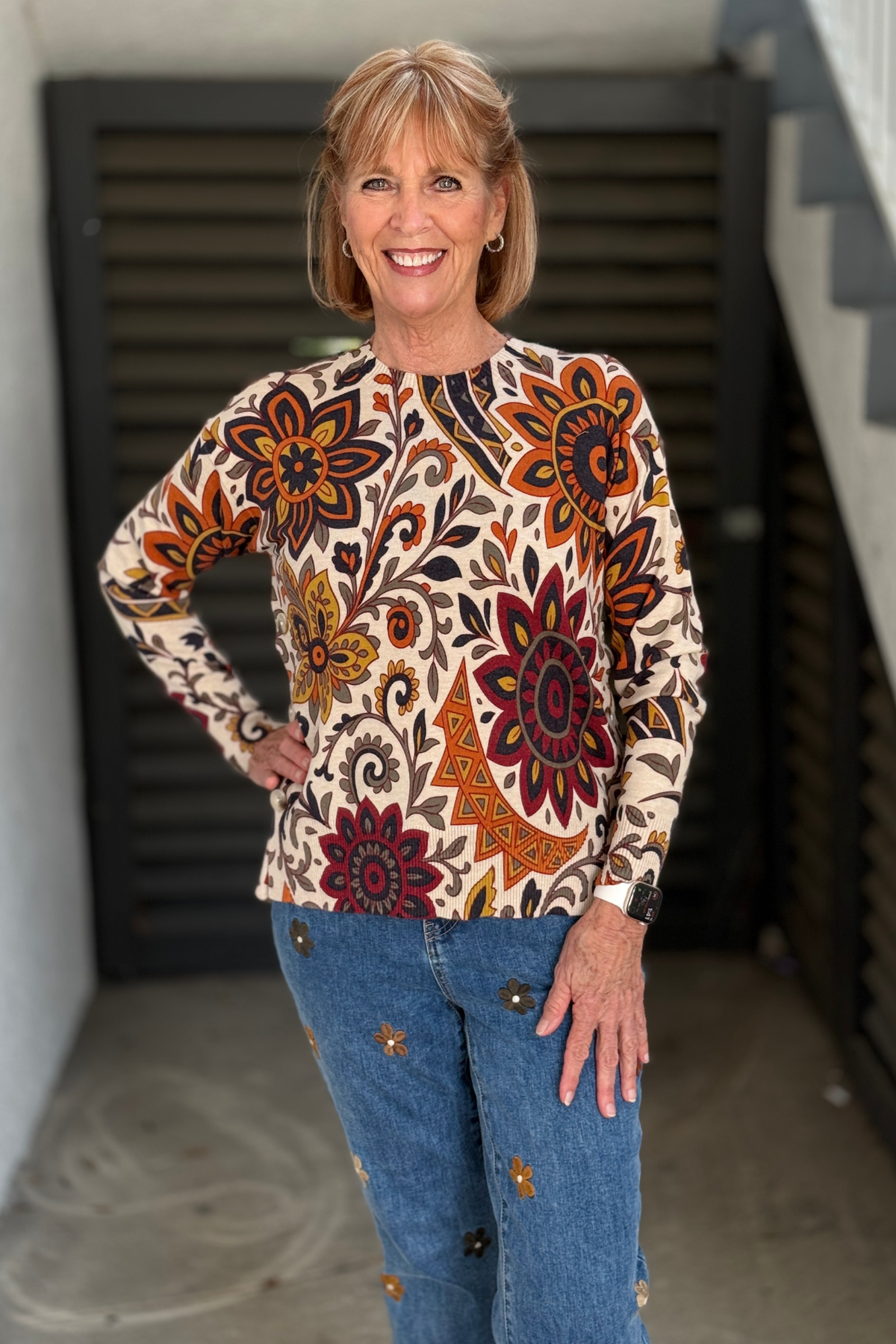 Charlie B Rio Print Side Button Sweater on model
