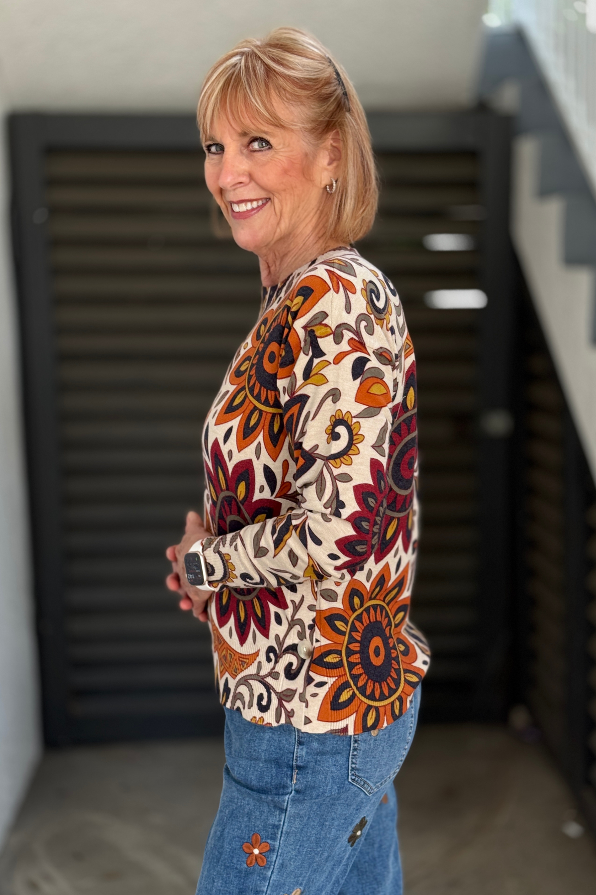 Charlie B Rio Print Sweater with decorative side buttons