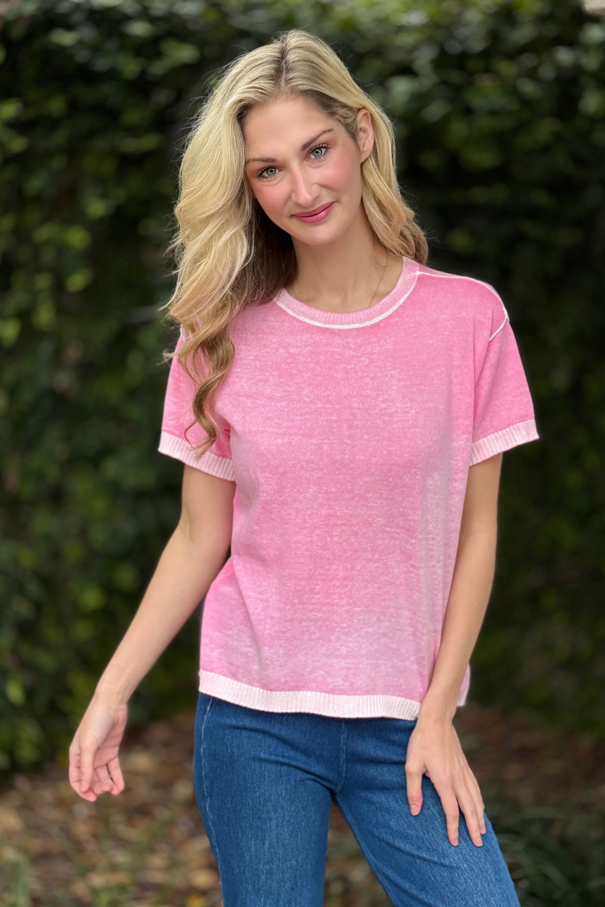 Charlie B Candy pink reverse print sweater front view