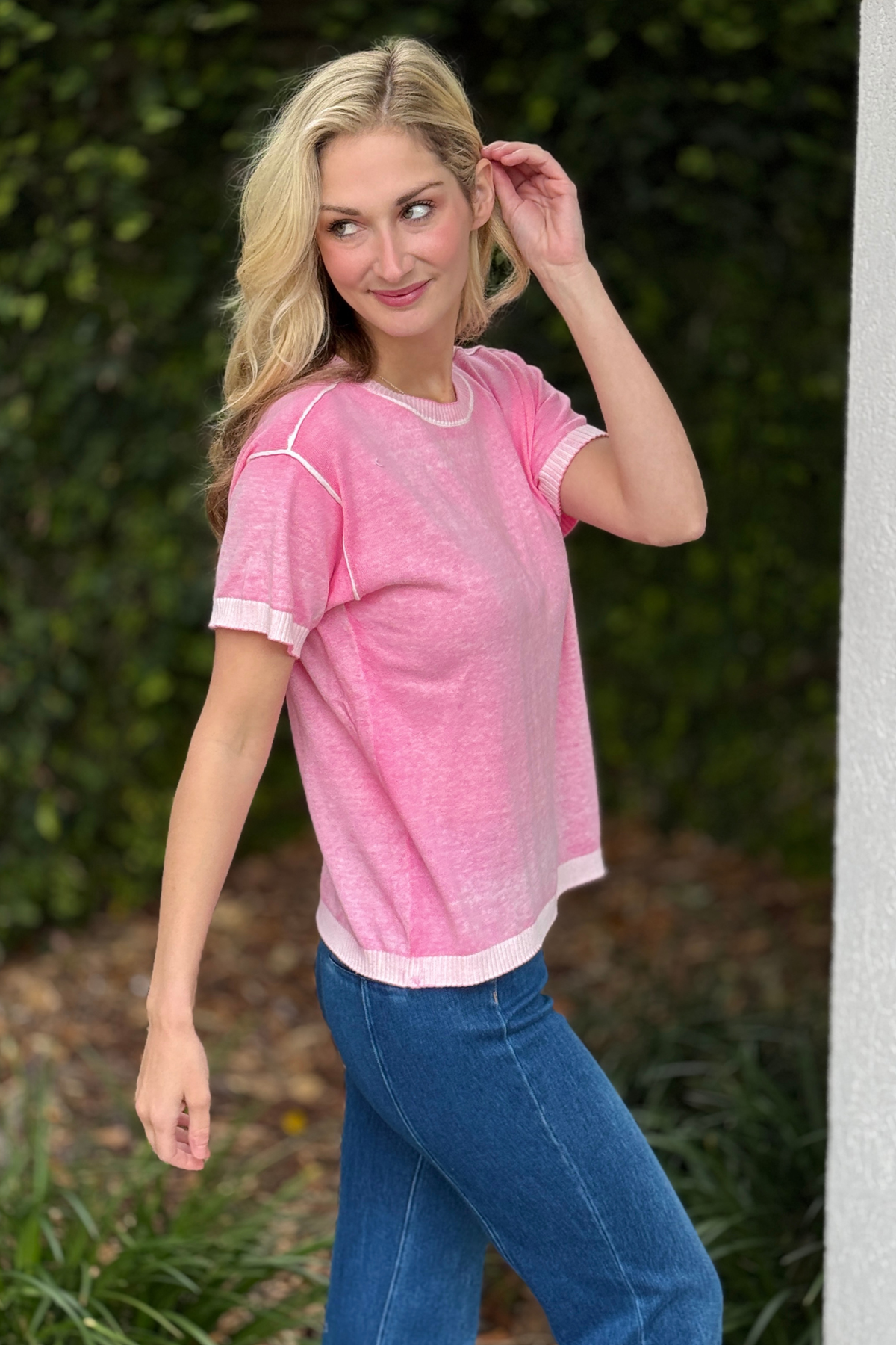 Charlie B candy pink lightweight knit tee styled with denim