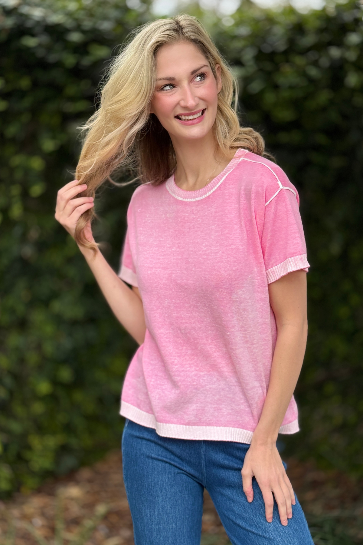 Charlie B reverse print candy pink sweater back view