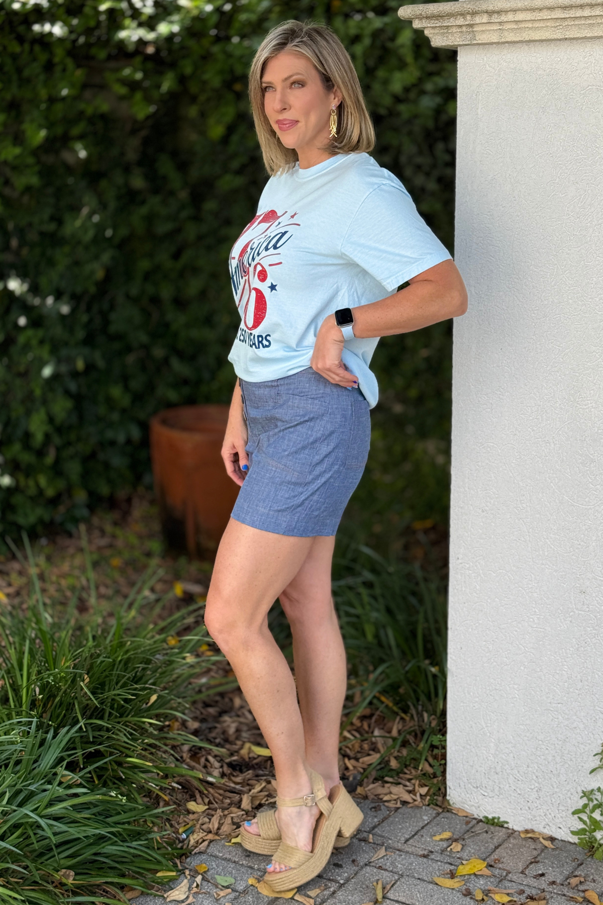 high waisted indigo linen blend shorts with button detail