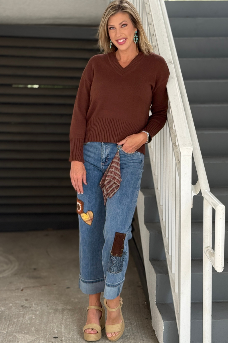 Charlie B Classic V-Neck Sweater in Chocolate Brown front view