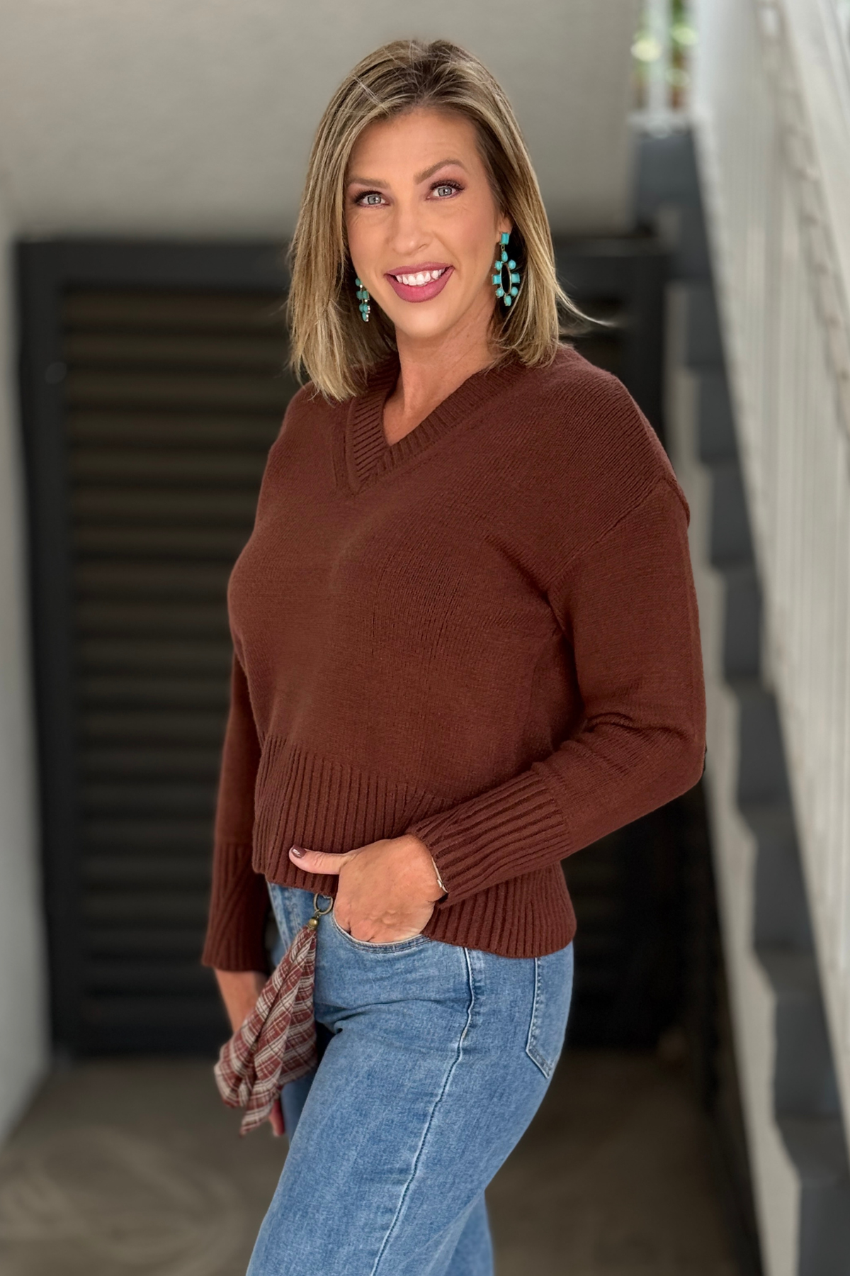 Charlie B women’s brown sweater styled with denim