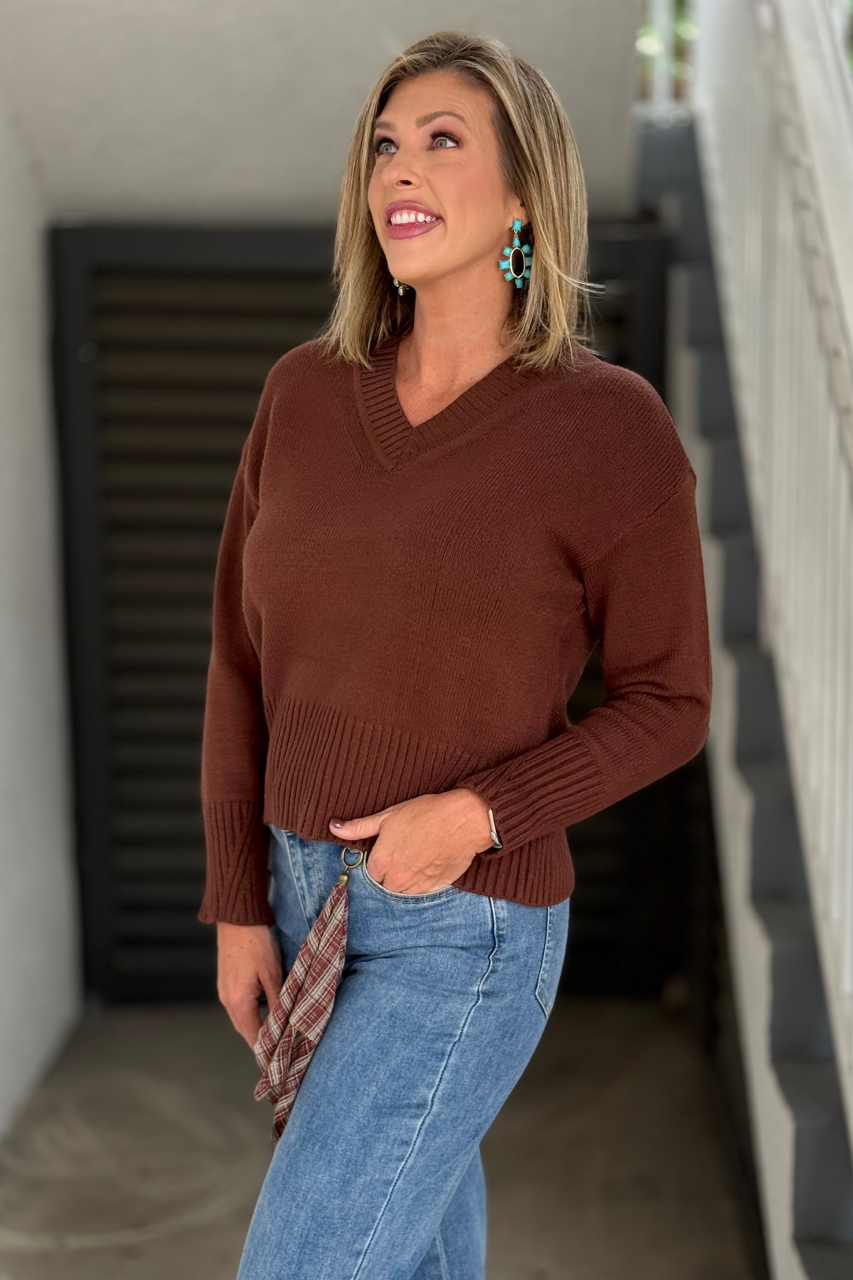 Charlie B chocolate brown V-neck sweater back view