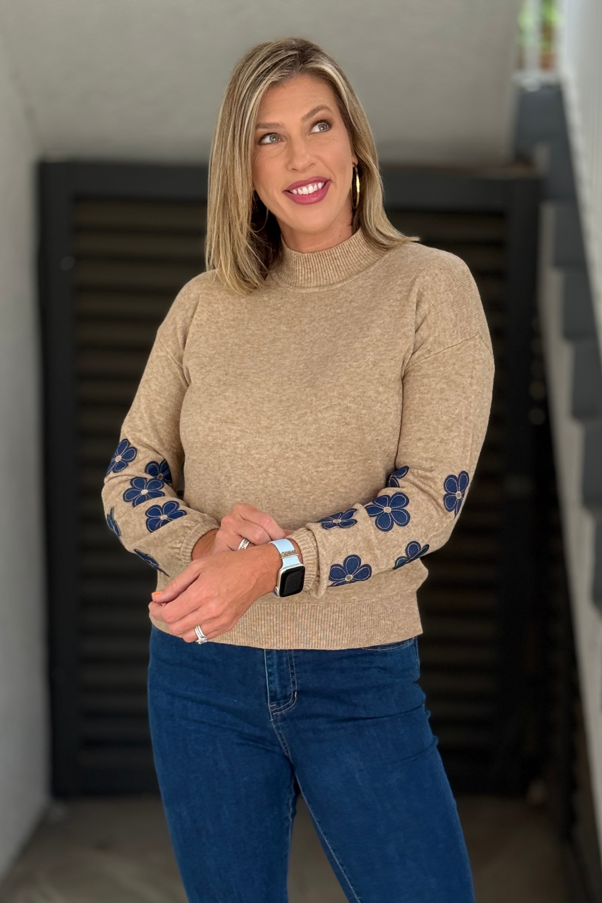 Charlie B tan floral sweater sleeve detail