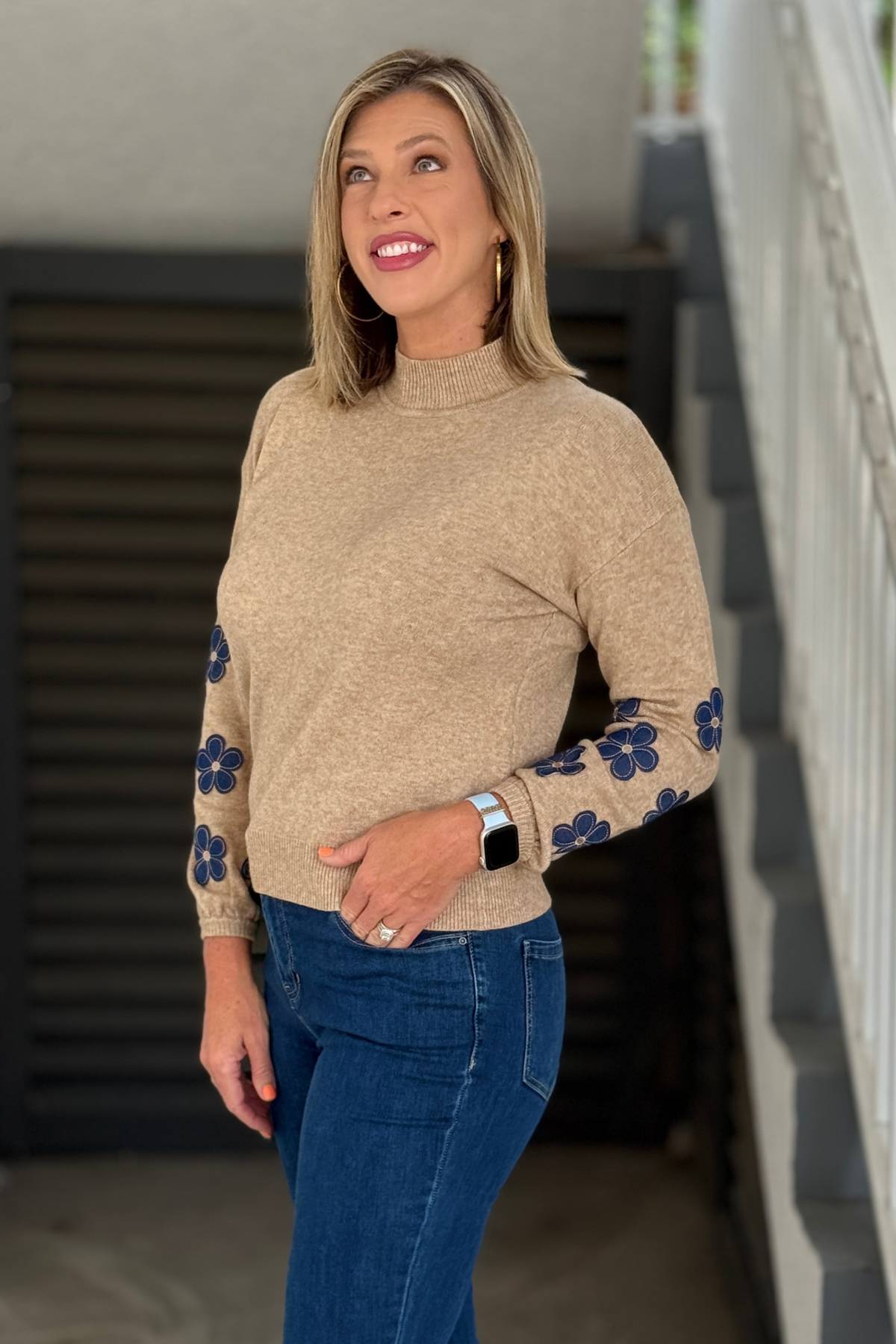 Charlie B Floral Sleeve Mock Neck Sweater back view