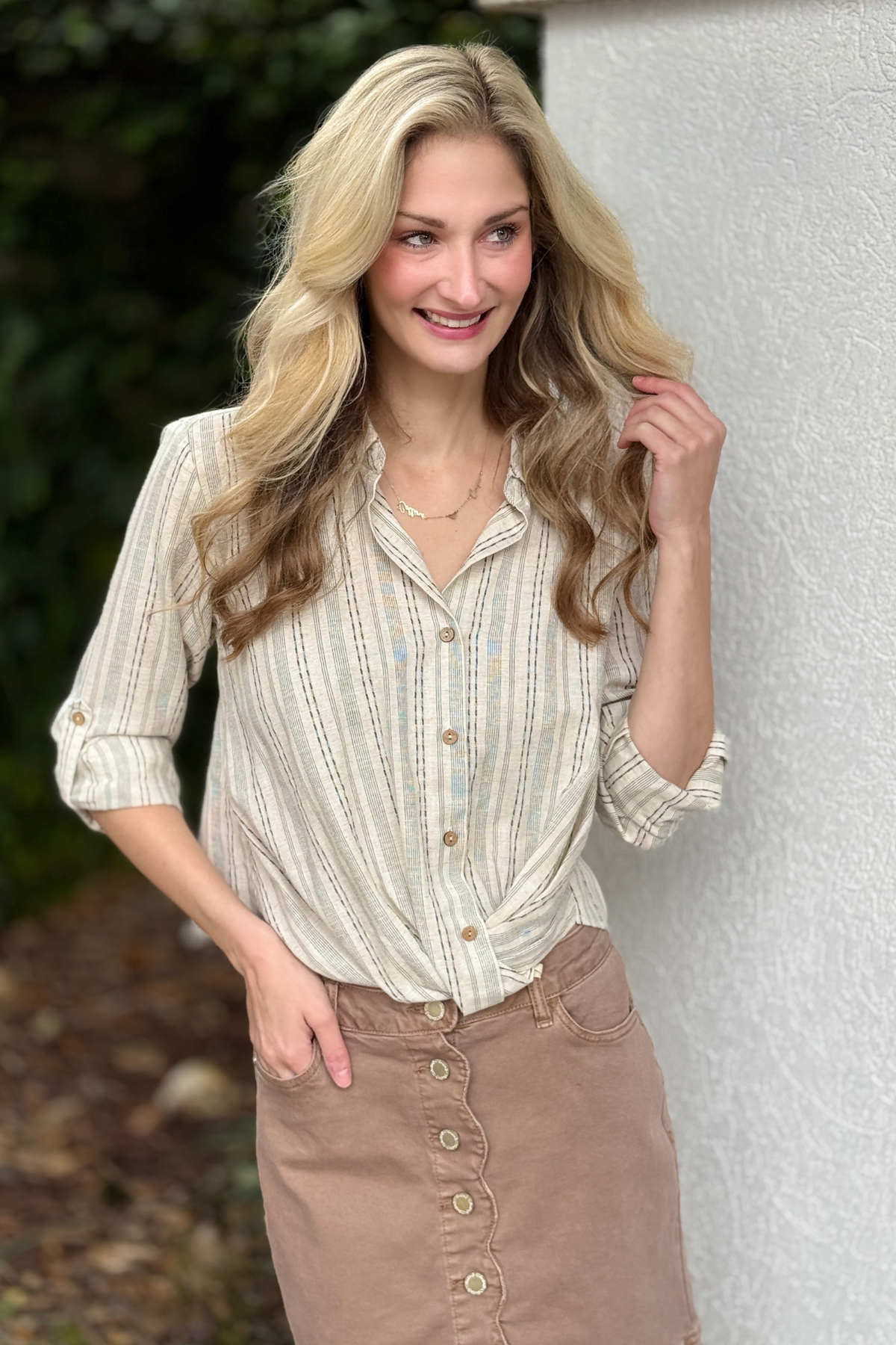 Charlie B Foggy Mornings Stripe Twist Front Shirt