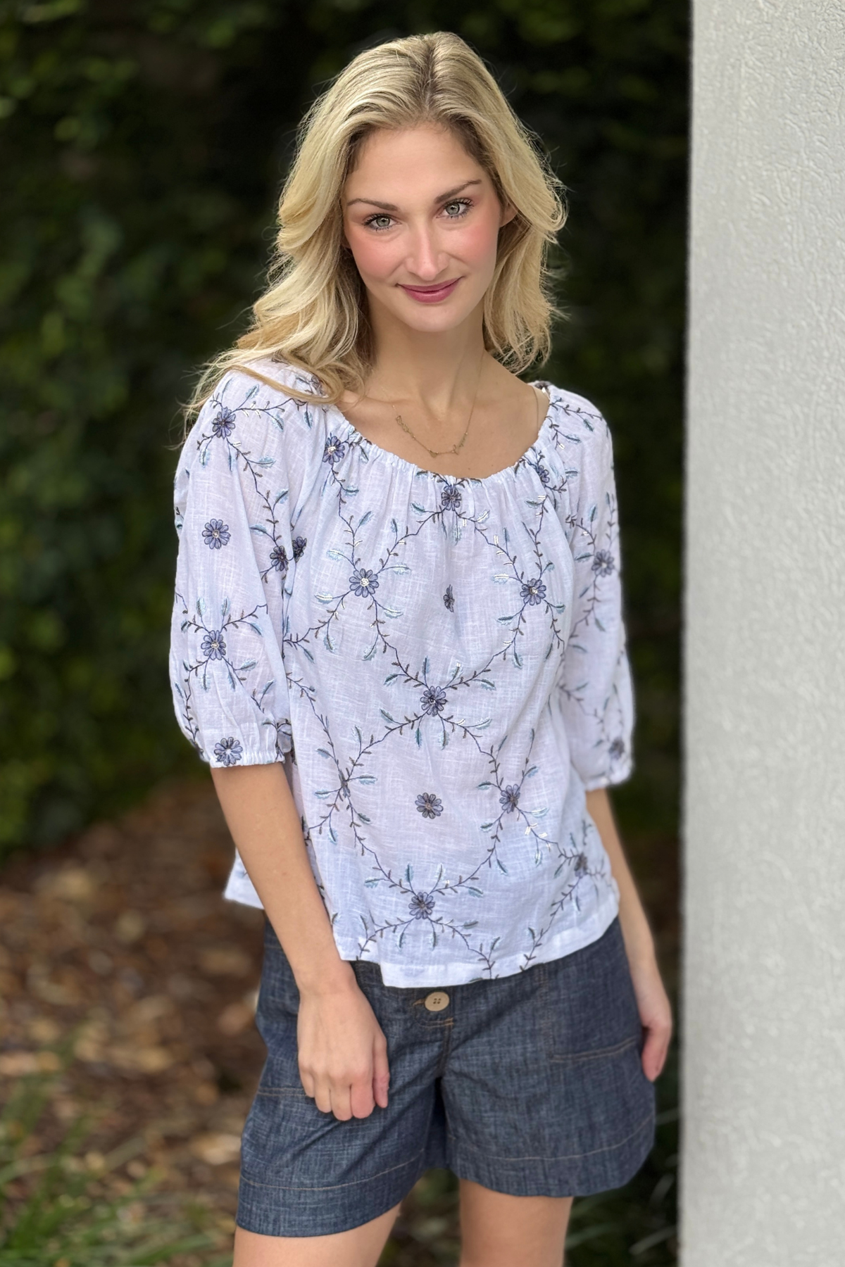 Charlie B embroidered off shoulder cotton blouse with floral embroidery front view