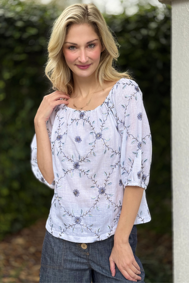 Charlie B embroidered elbow sleeve off shoulder blouse side angle