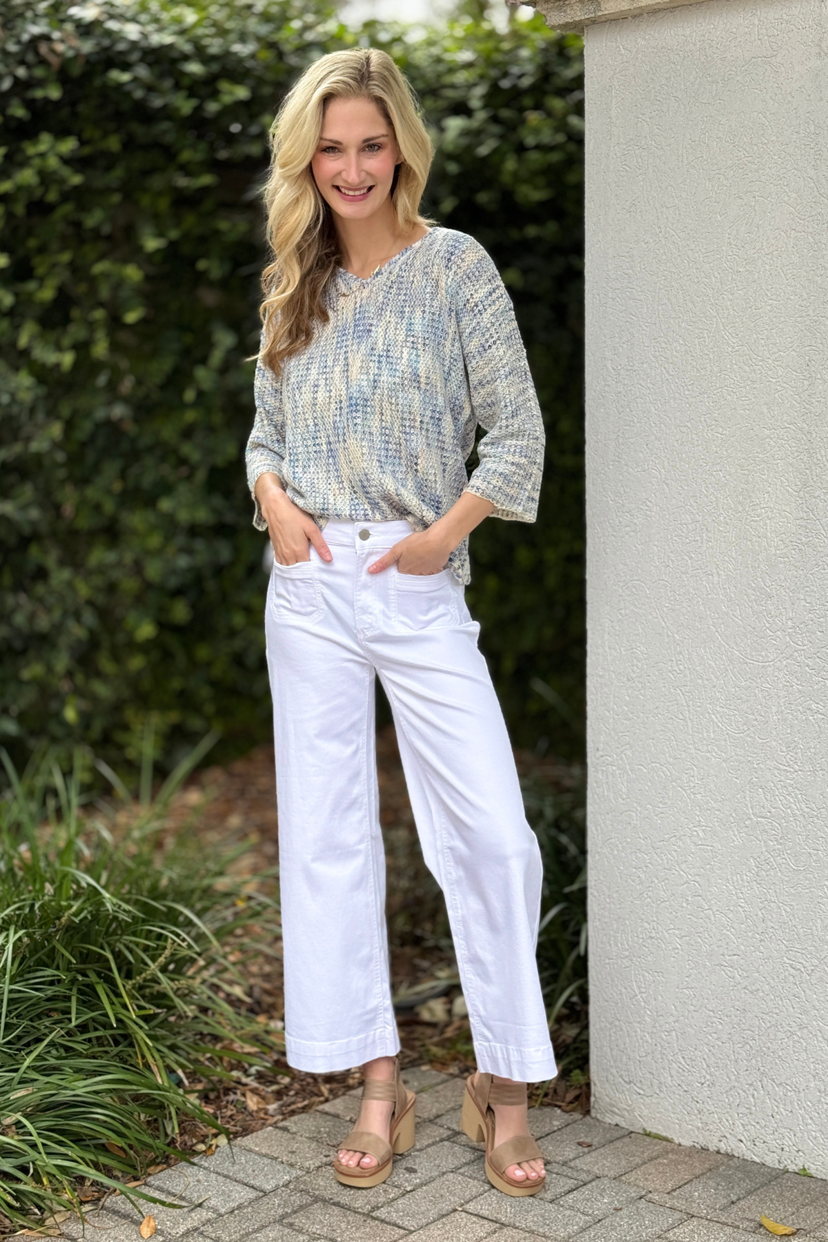 Charlie B white cropped patch pocket flare twill pants front view