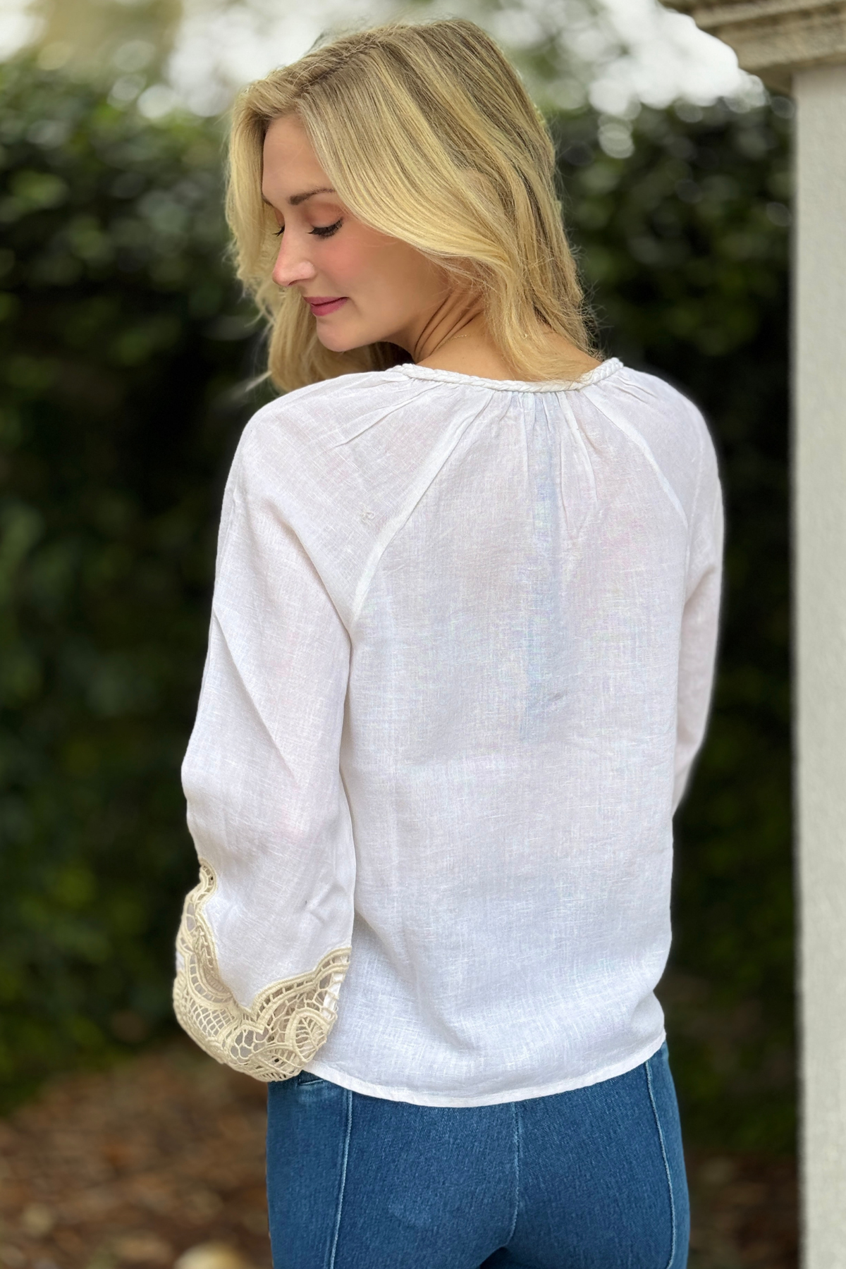 Charlie B white linen boutique blouse styled with denim