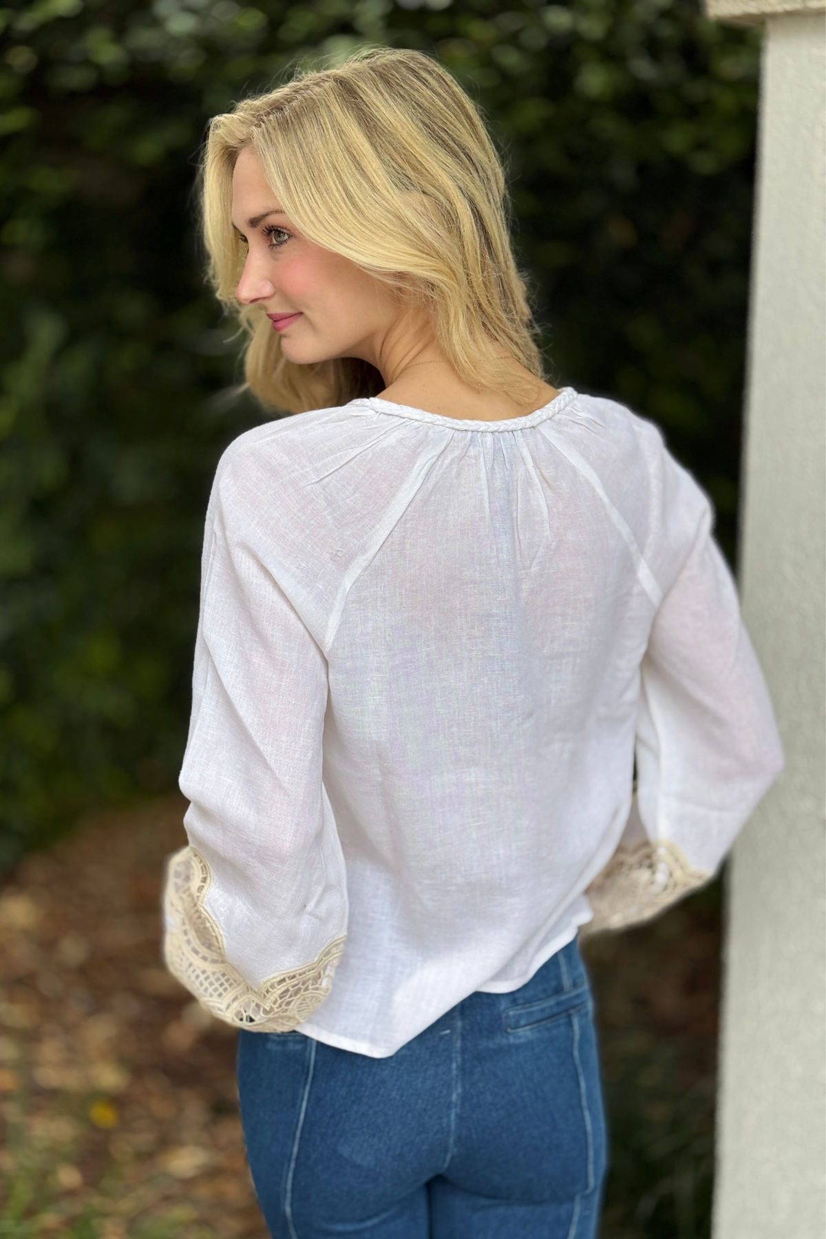 Charlie B lace sleeve linen blend blouse model view
