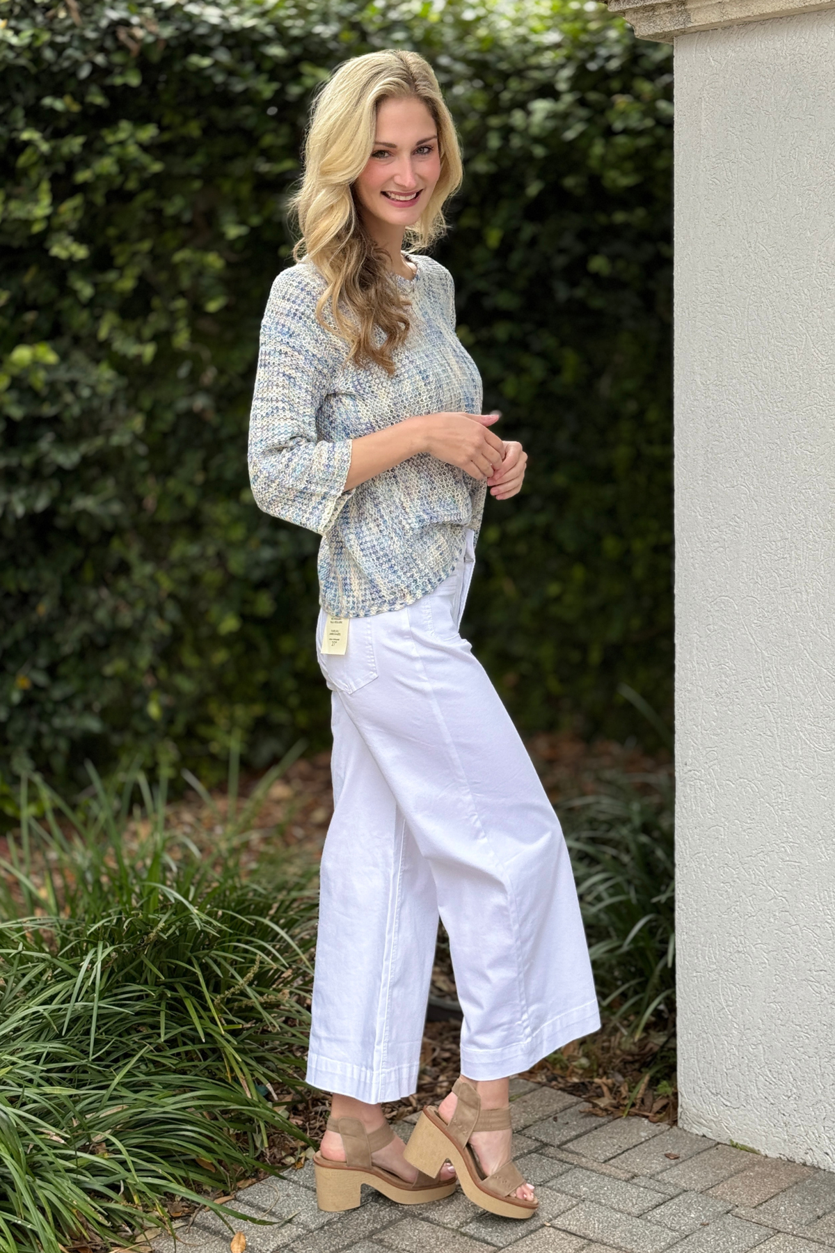 Charlie B white stretch twill flare pants side view