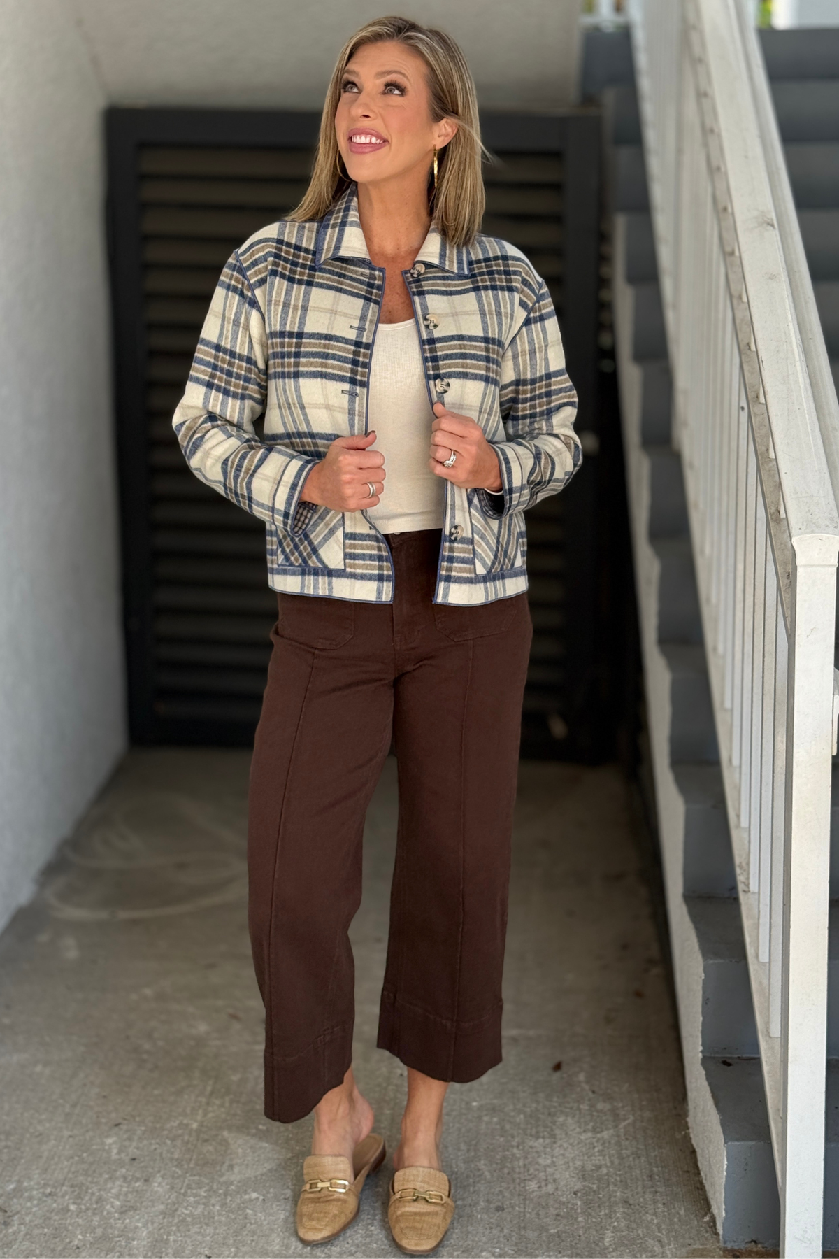 Charlie B Reversible Plaid Jacket in Ecru on model