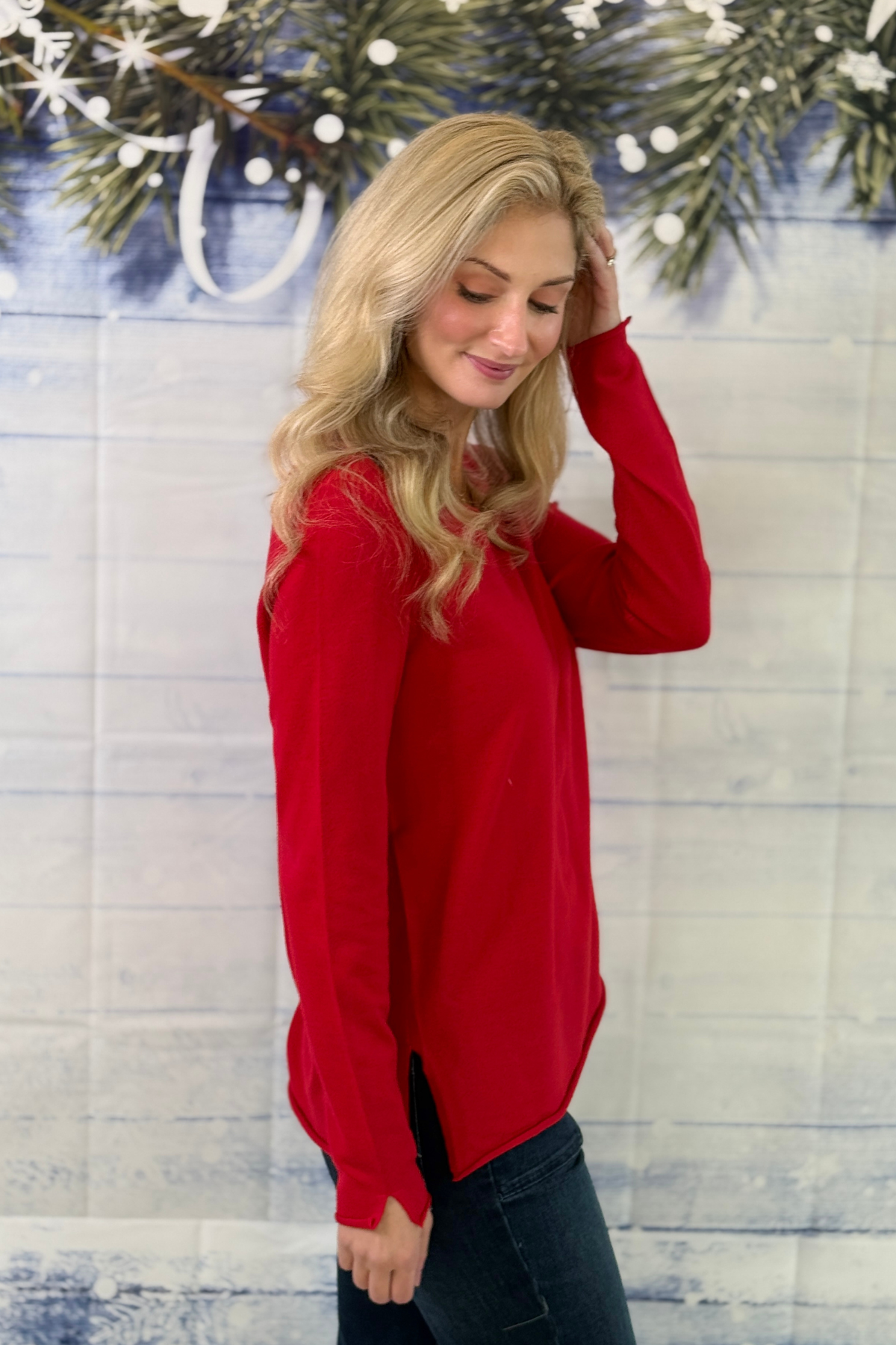Women’s holiday red V-neck sweater with long sleeves