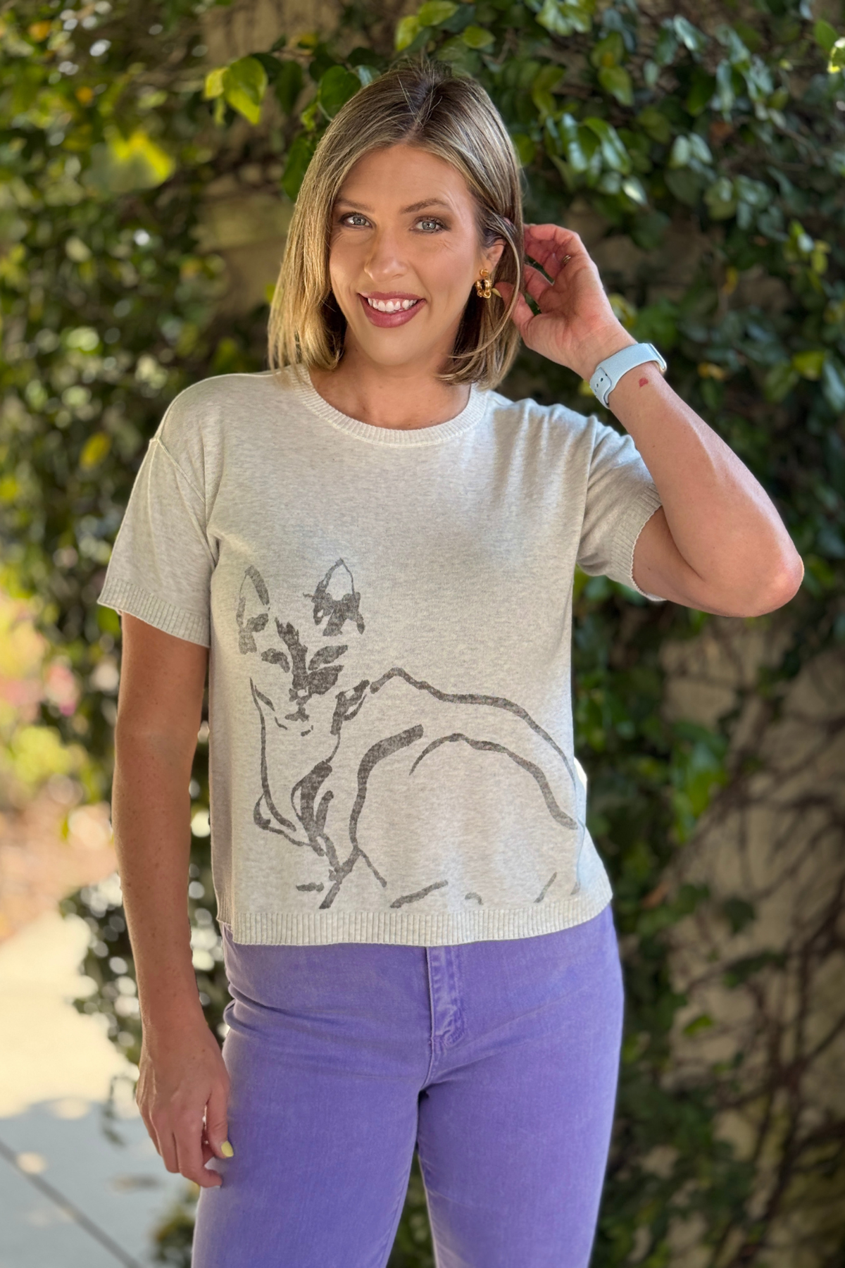 heather oat cotton sweater with cat design