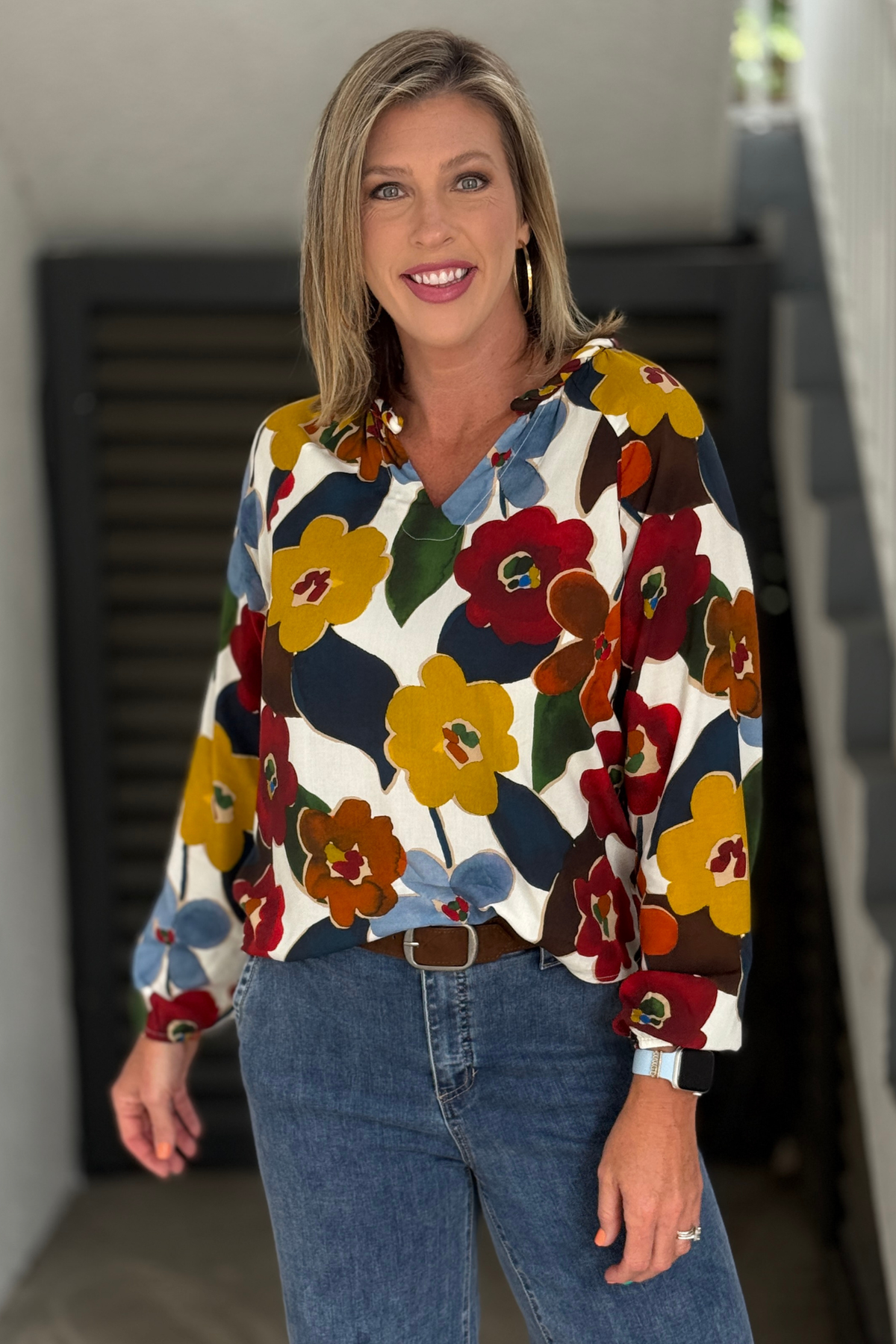 Charlie B Jazzy print blouse with V-neckline