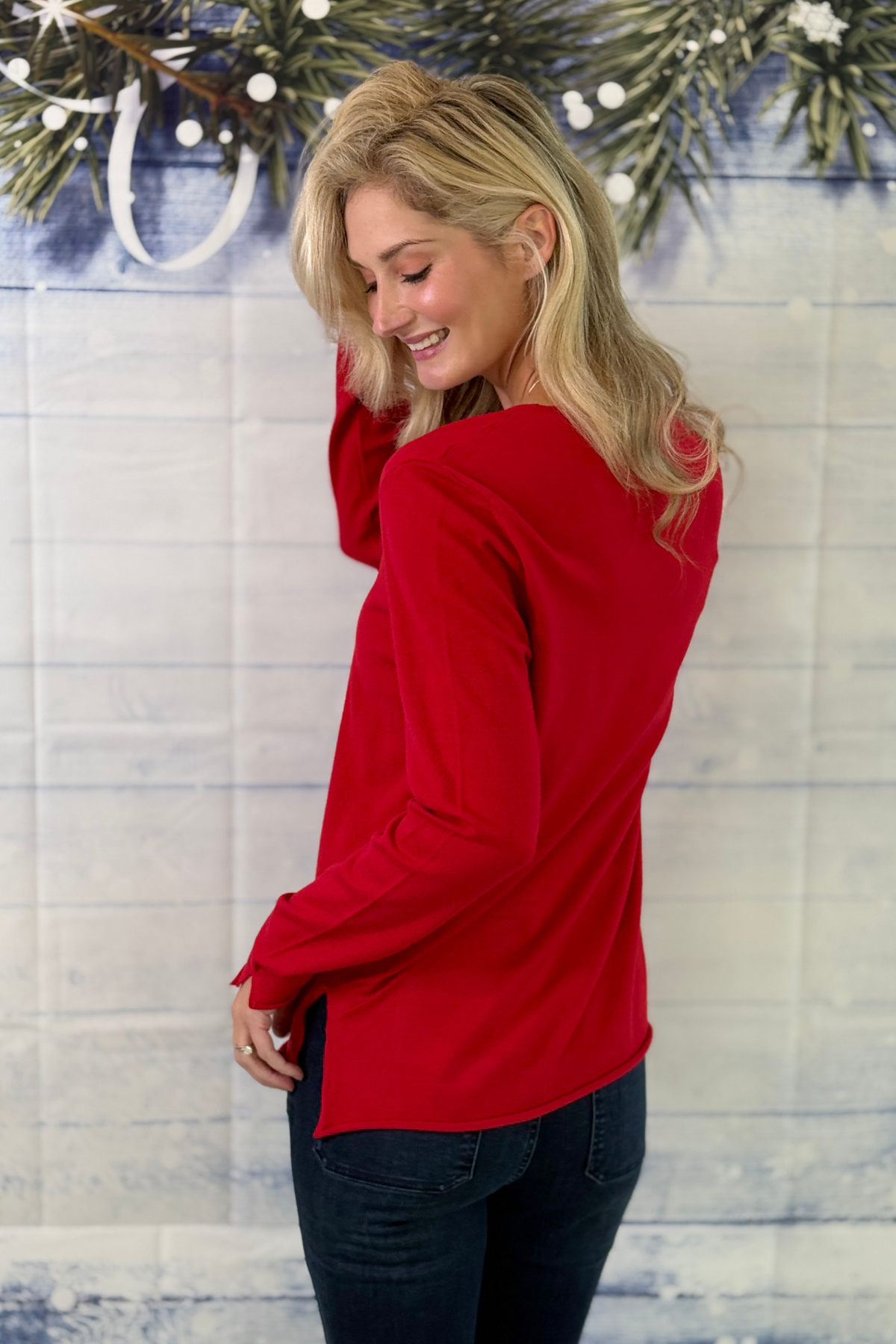 Charlie B relaxed fit red sweater with side slits