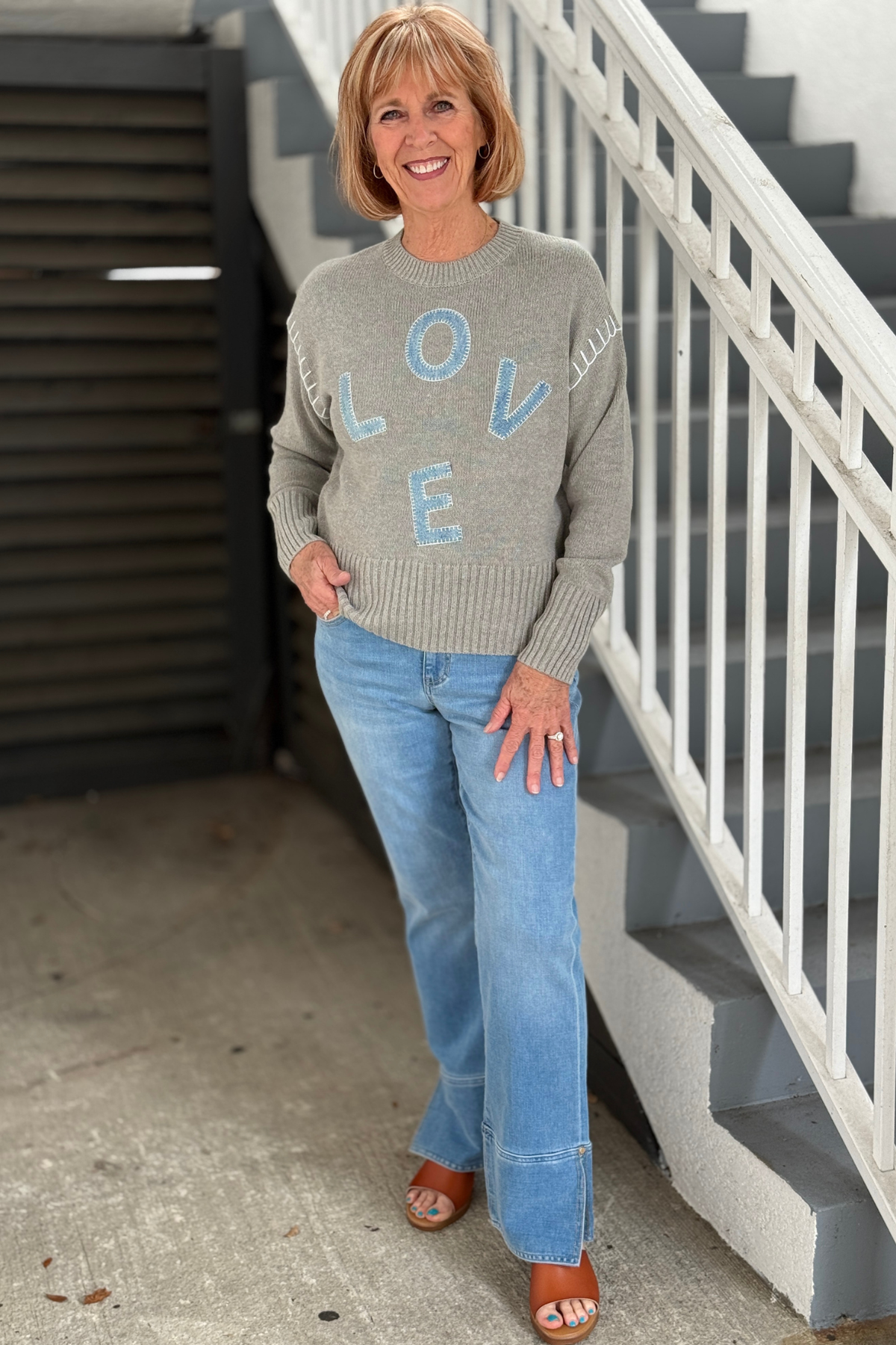 Charlie B grey knit sweater with white contrast shoulder stitching