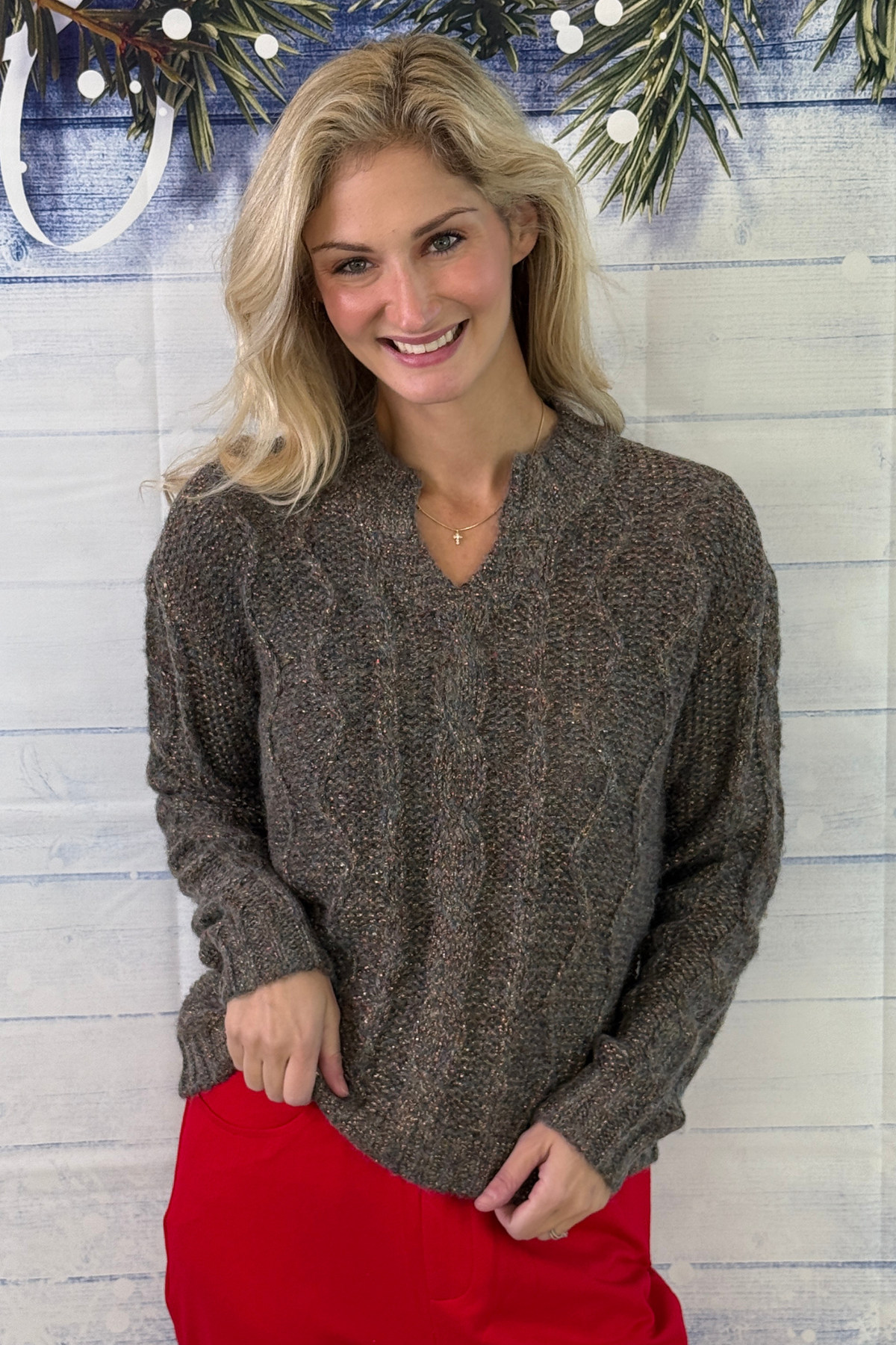 Charlie B Woodland metallic cable knit sweater for women