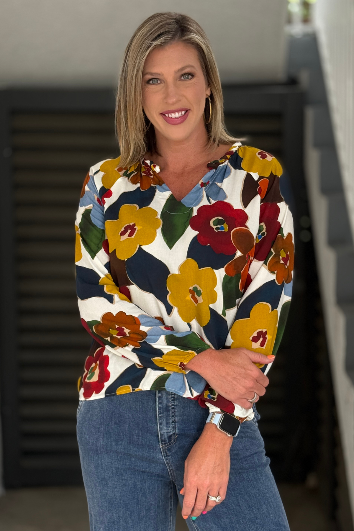 Back view of Charlie B Jazzy Floral Popover Blouse