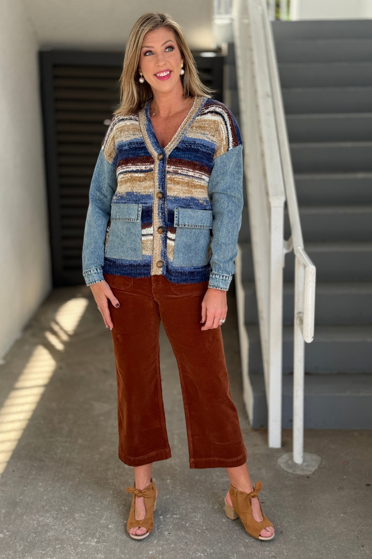 Women’s multicolor knit cardigan with denim sleeves