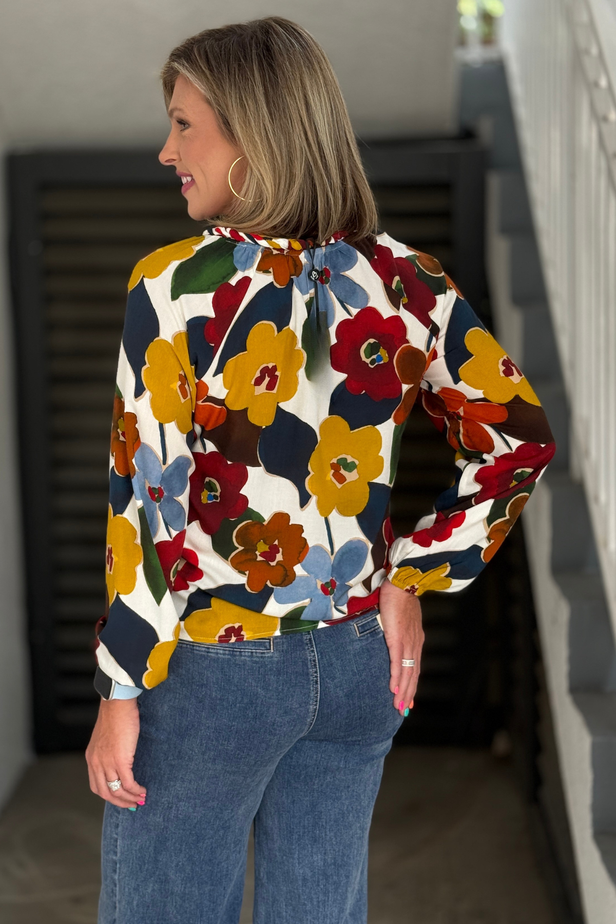Charlie B floral top in mustard red blue and chocolate