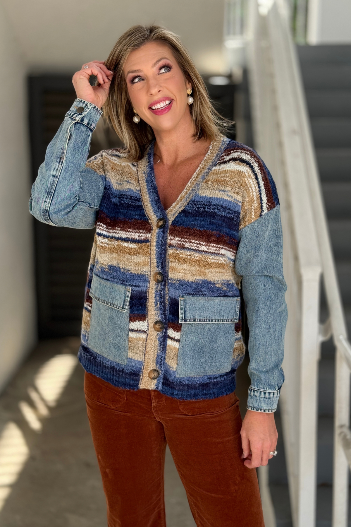 Charlie B Denim Combo Space Dye Cardigan in Blue Multi
