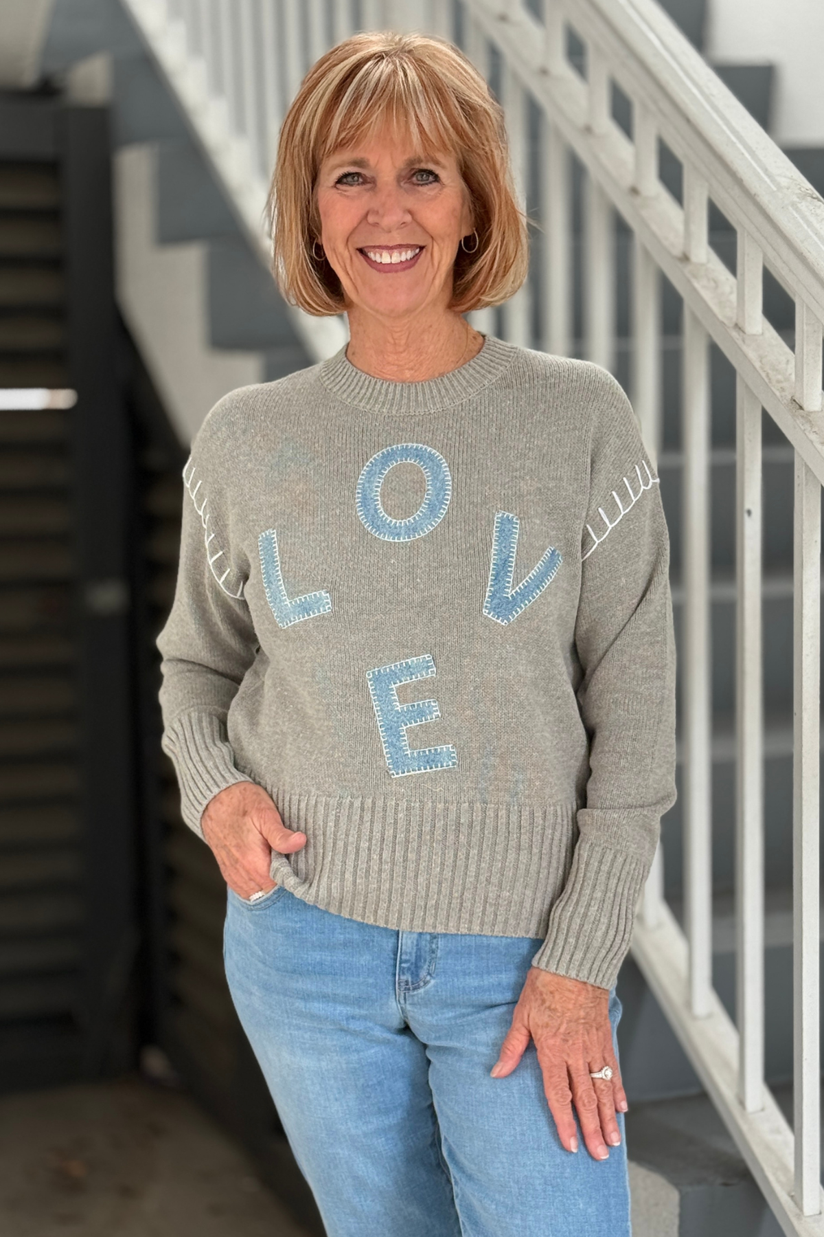 Charlie B Denim LOVE Patch Sweater in grey