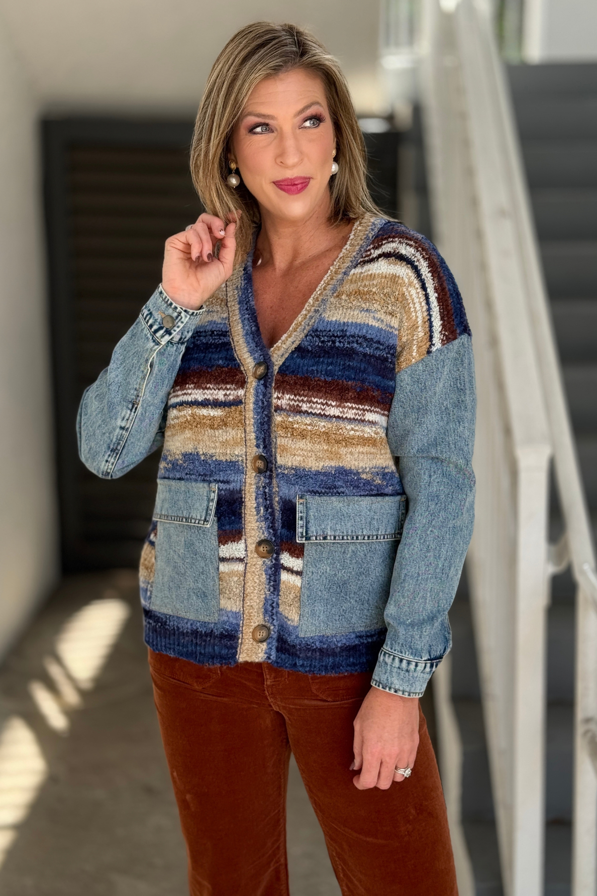 Charlie B mixed media cardigan with denim patch pockets
