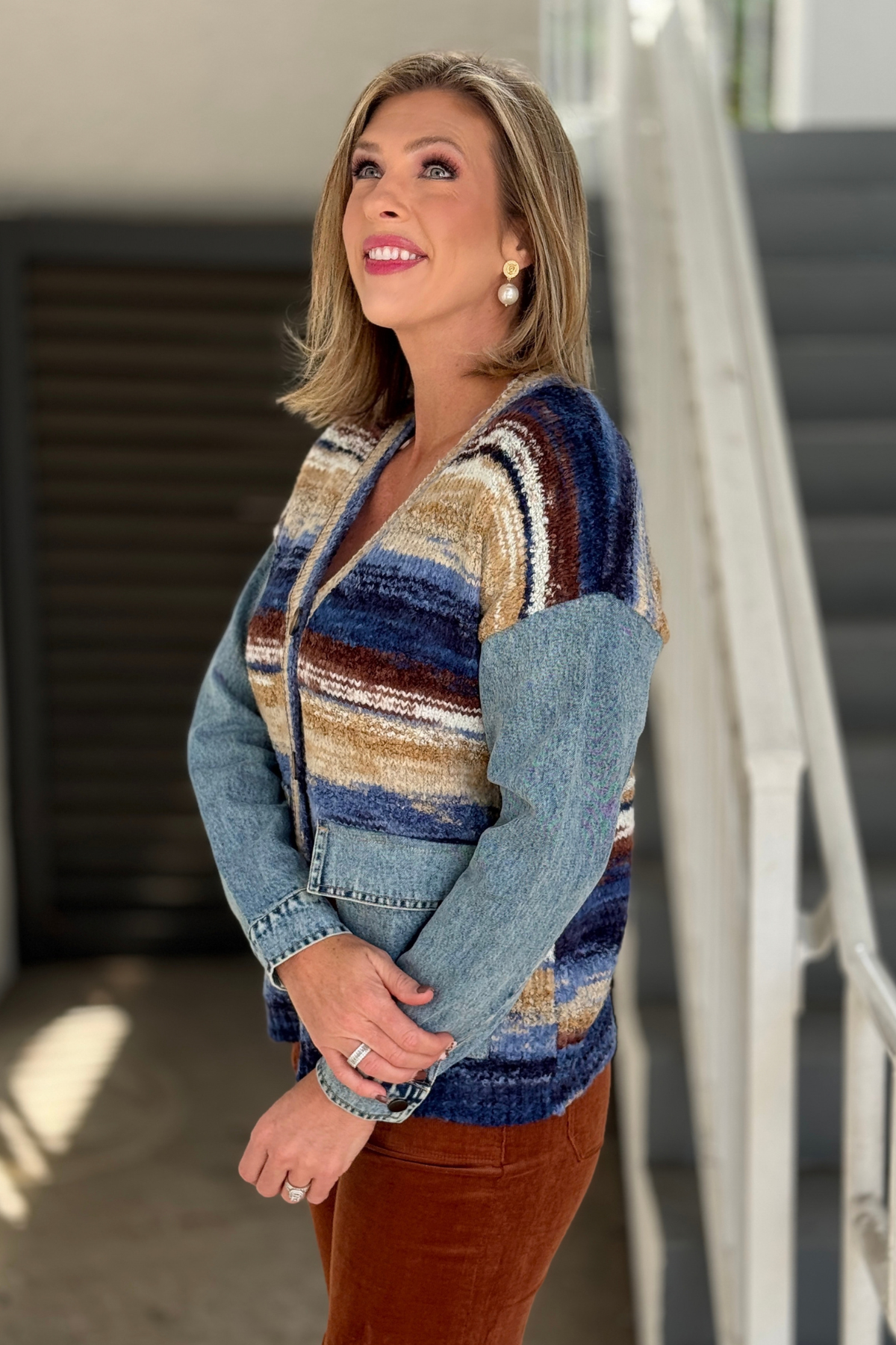 Back view of blue multi space dye knit and denim cardigan