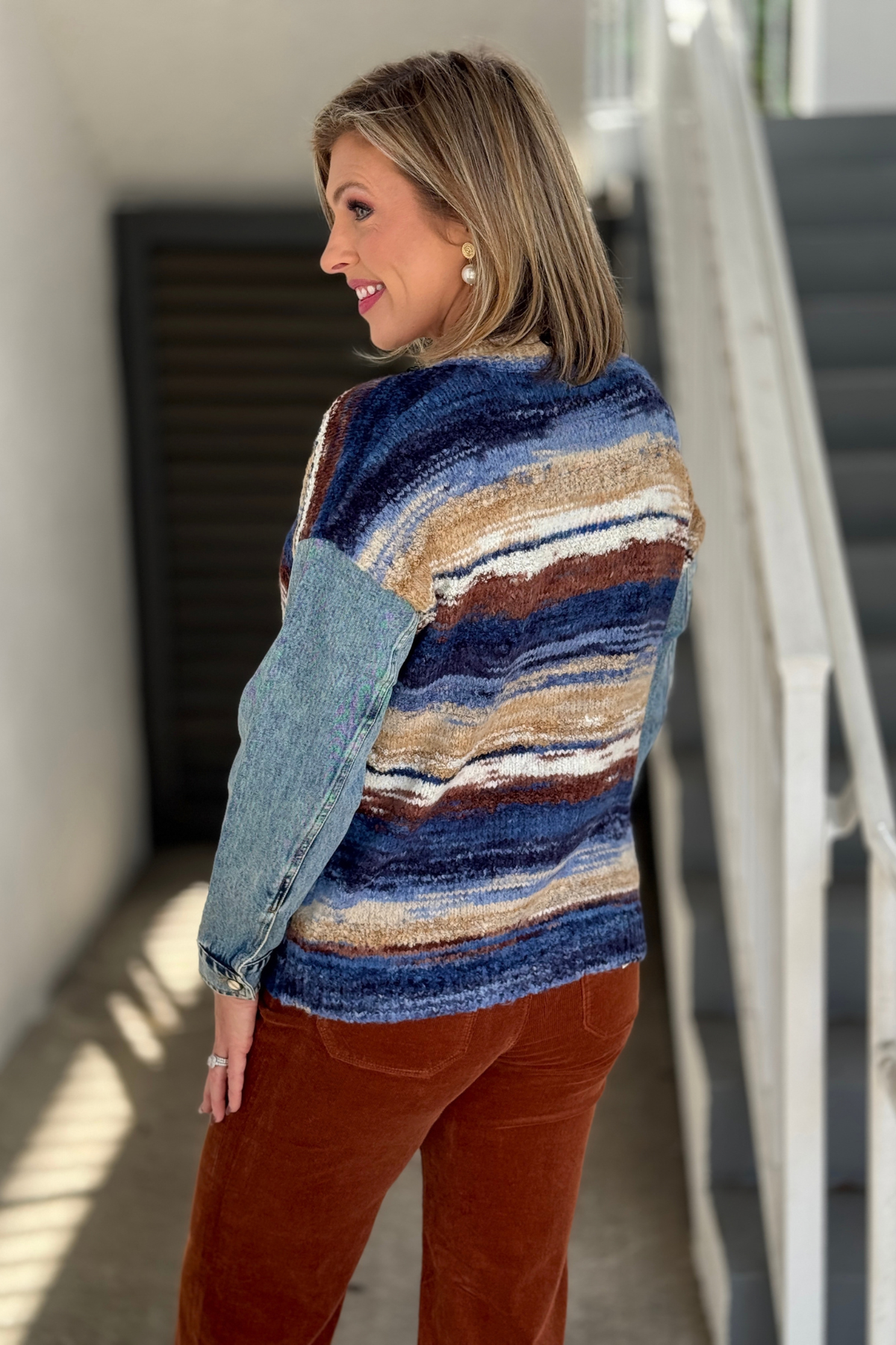 Button front V-neck cardigan with denim sleeve contrast