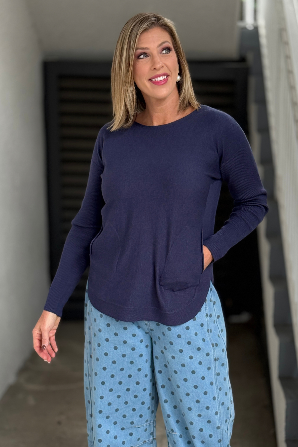 Charlie B Back Lace-Up Knit Sweater in Heather Denim