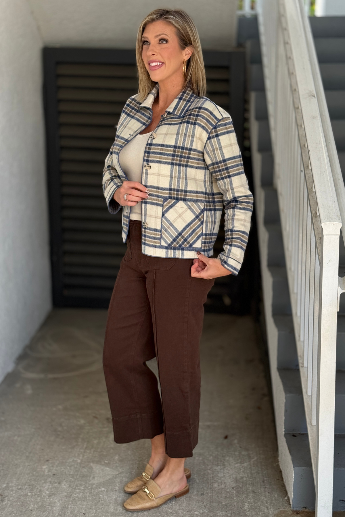 Charlie B Ecru plaid jacket styled with brown cropped pants