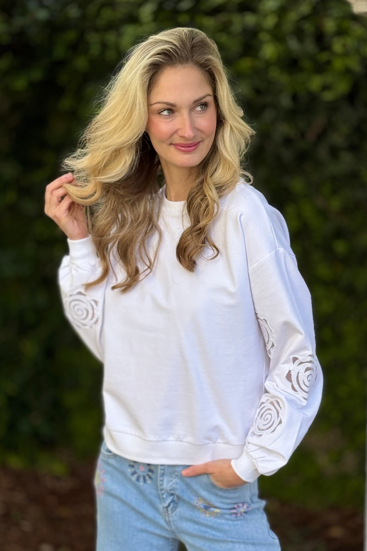 Charlie B Embroidered Sleeve French Terry Sweatshirt