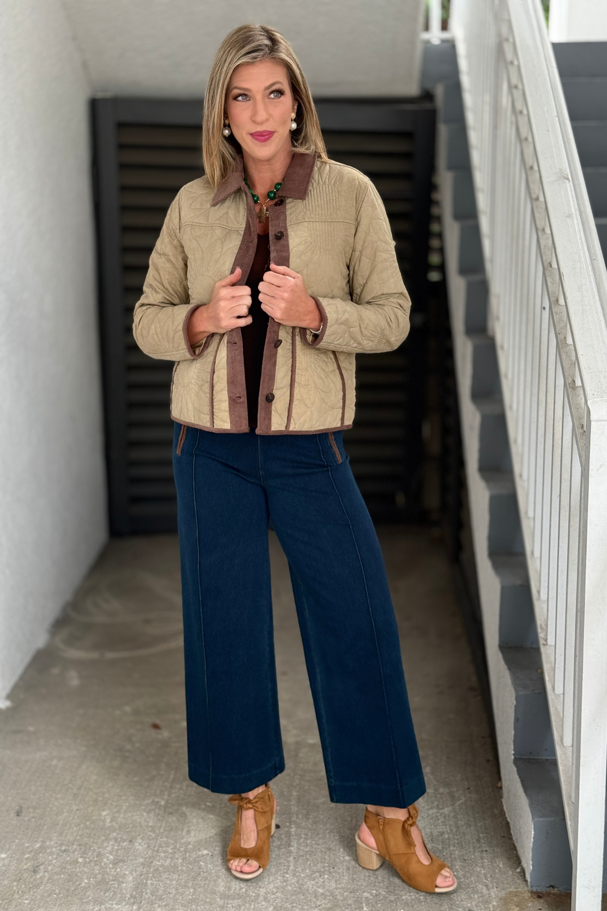 Charlie B neutral quilted jacket with sunflower stitching and patch pockets