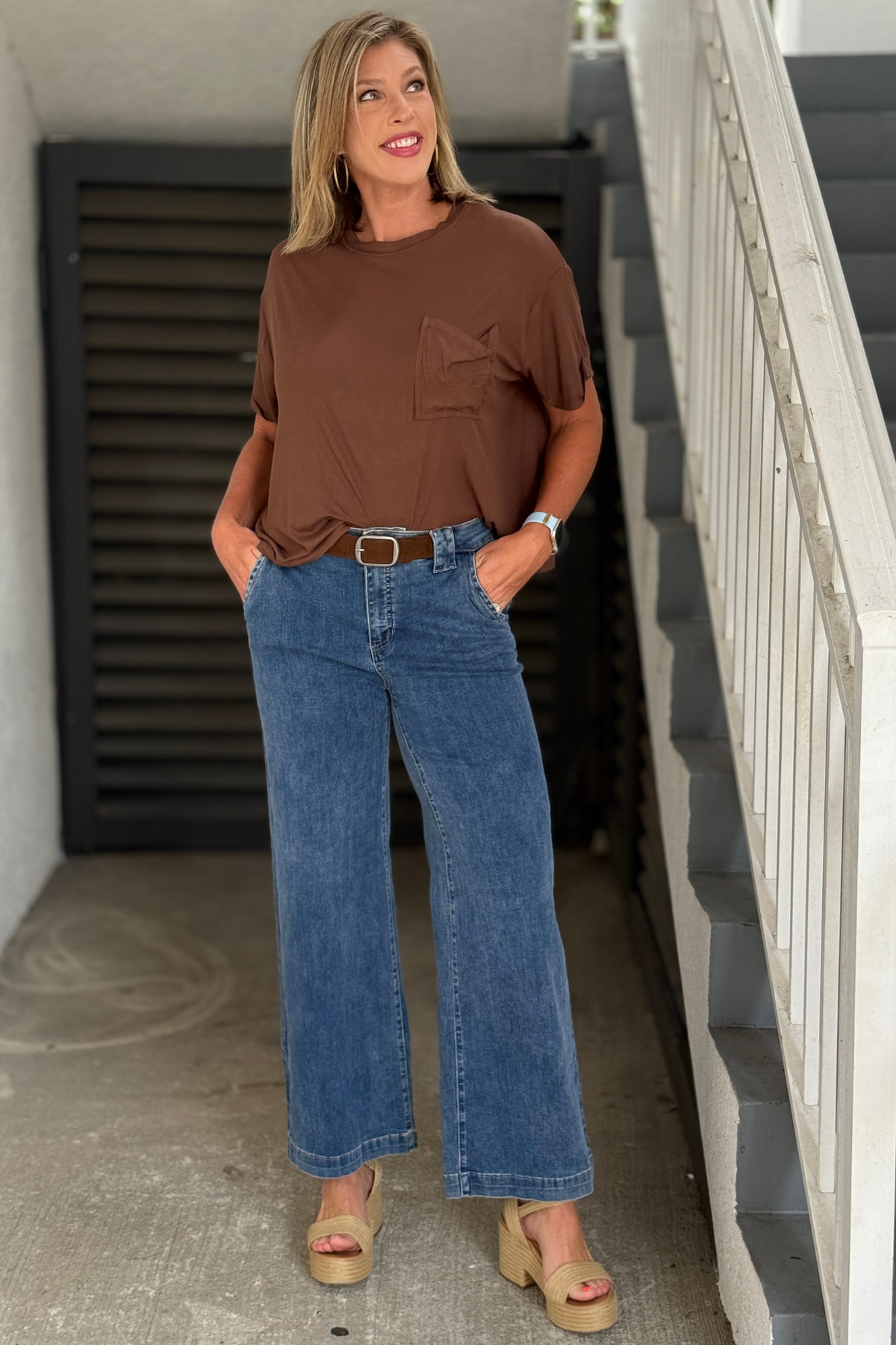 Charlie B medium blue wide leg jeans with removable belt