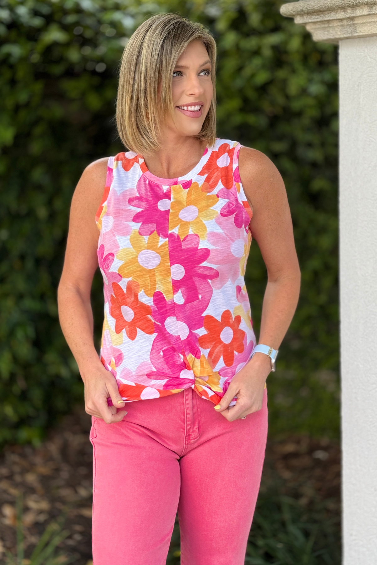 twisted front hem detail floral tank