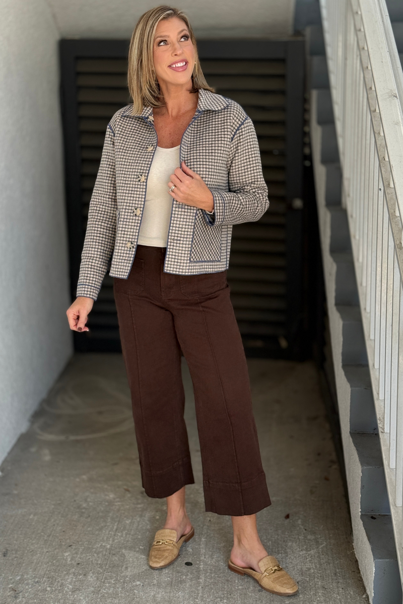 Women’s ecru and blue plaid reversible jacket by Charlie B