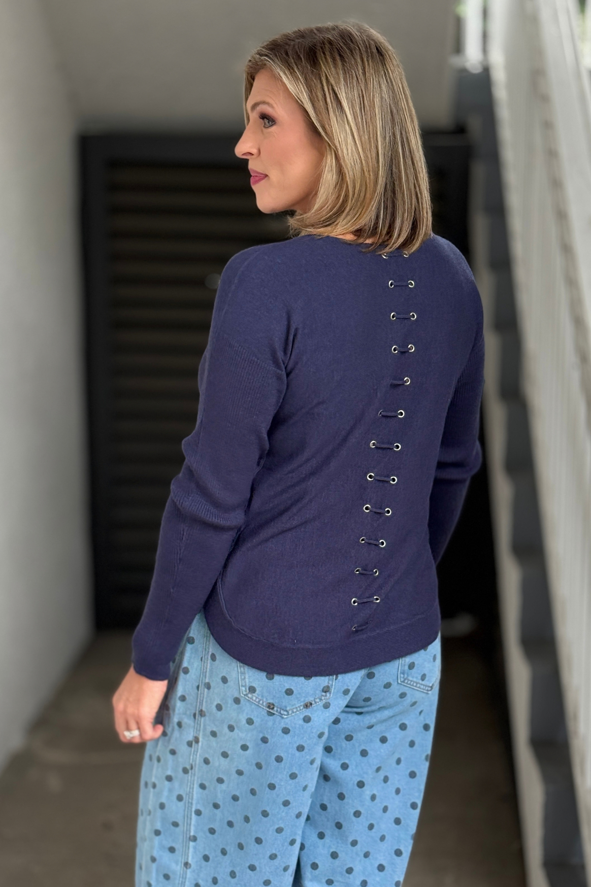 Heather denim blue knit sweater with front pockets
