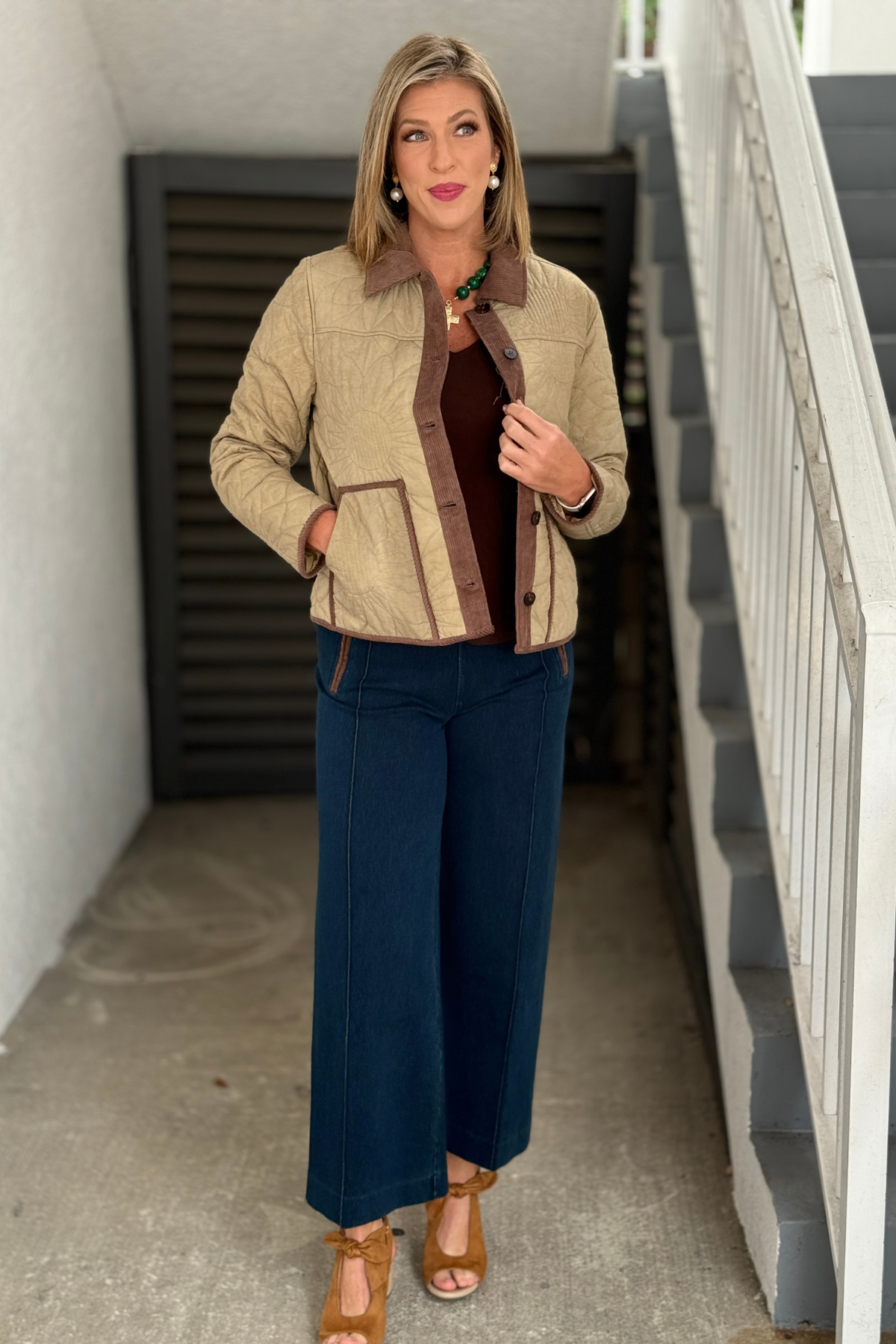 Latte button-front quilted jacket with corduroy collar and trim
