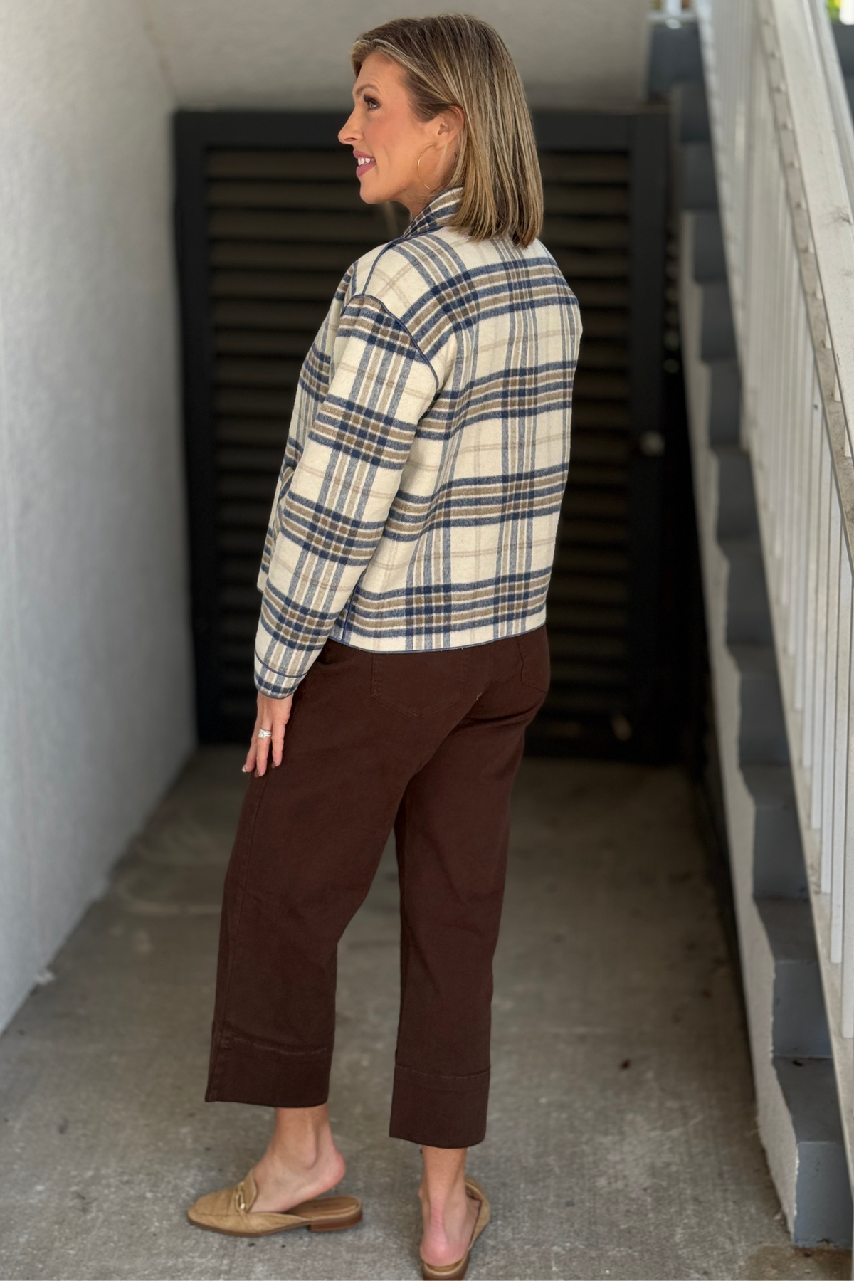 Reverse micro-check side of Charlie B reversible jacket in Ecru