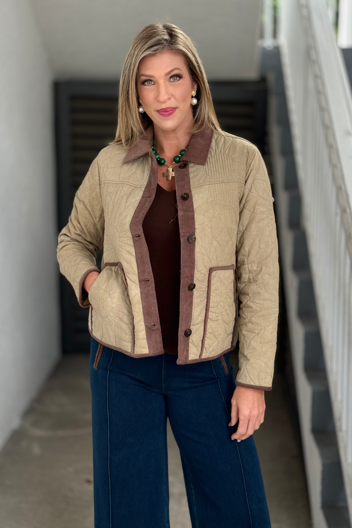 Women’s latte quilted fall jacket with brown corduroy trim