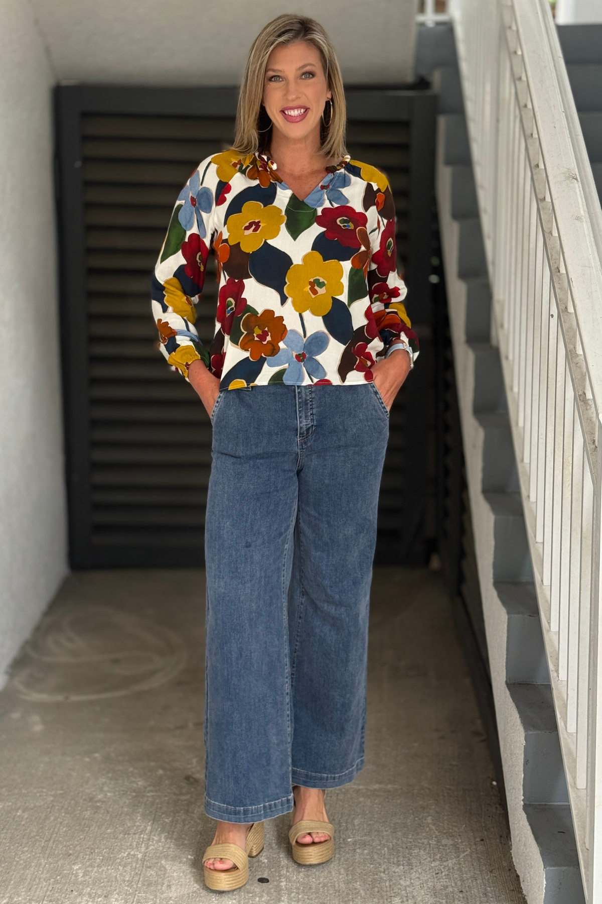 Back view of Charlie B medium wash wide leg jeans