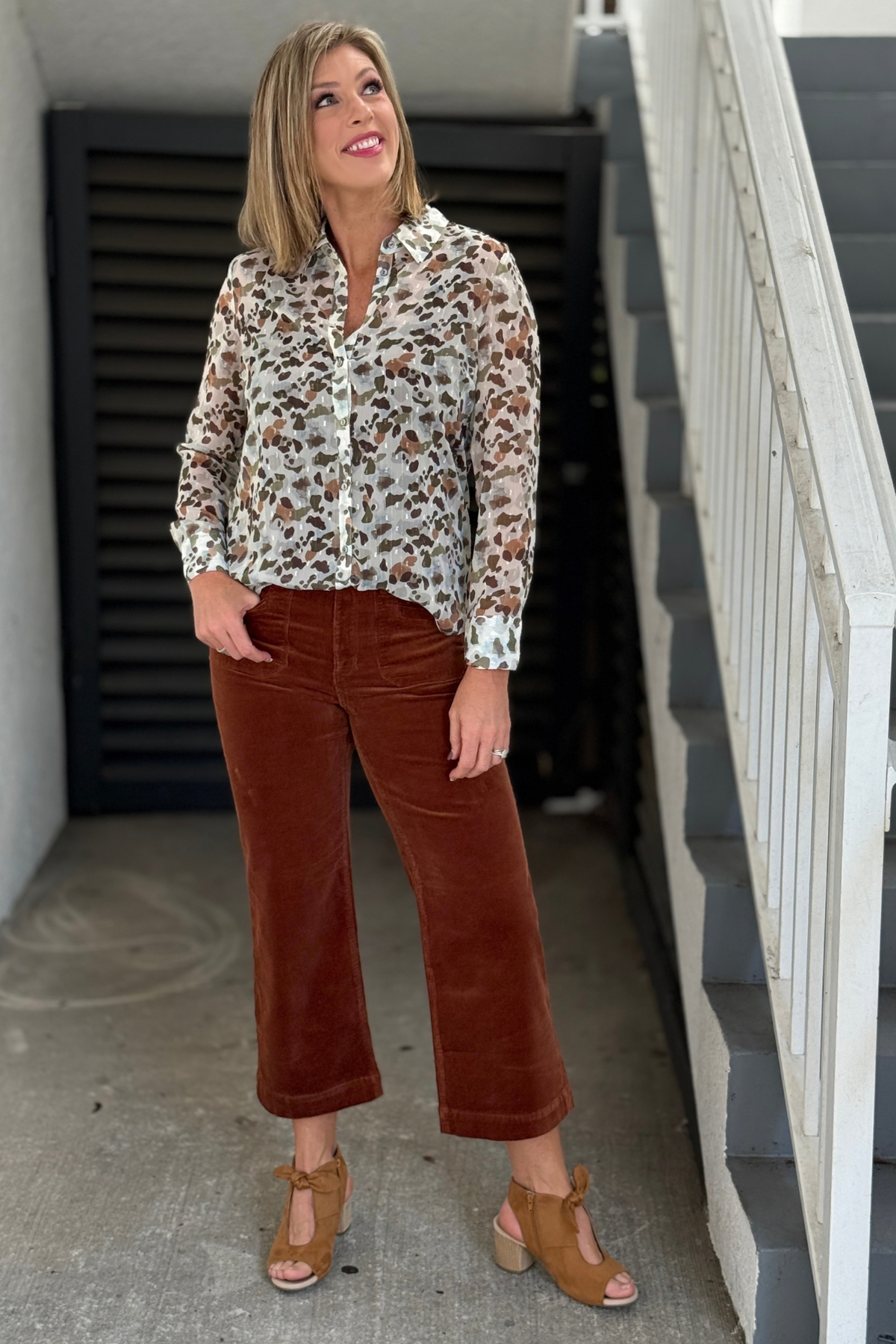 Semi-sheer Charlie B long sleeve printed shirt