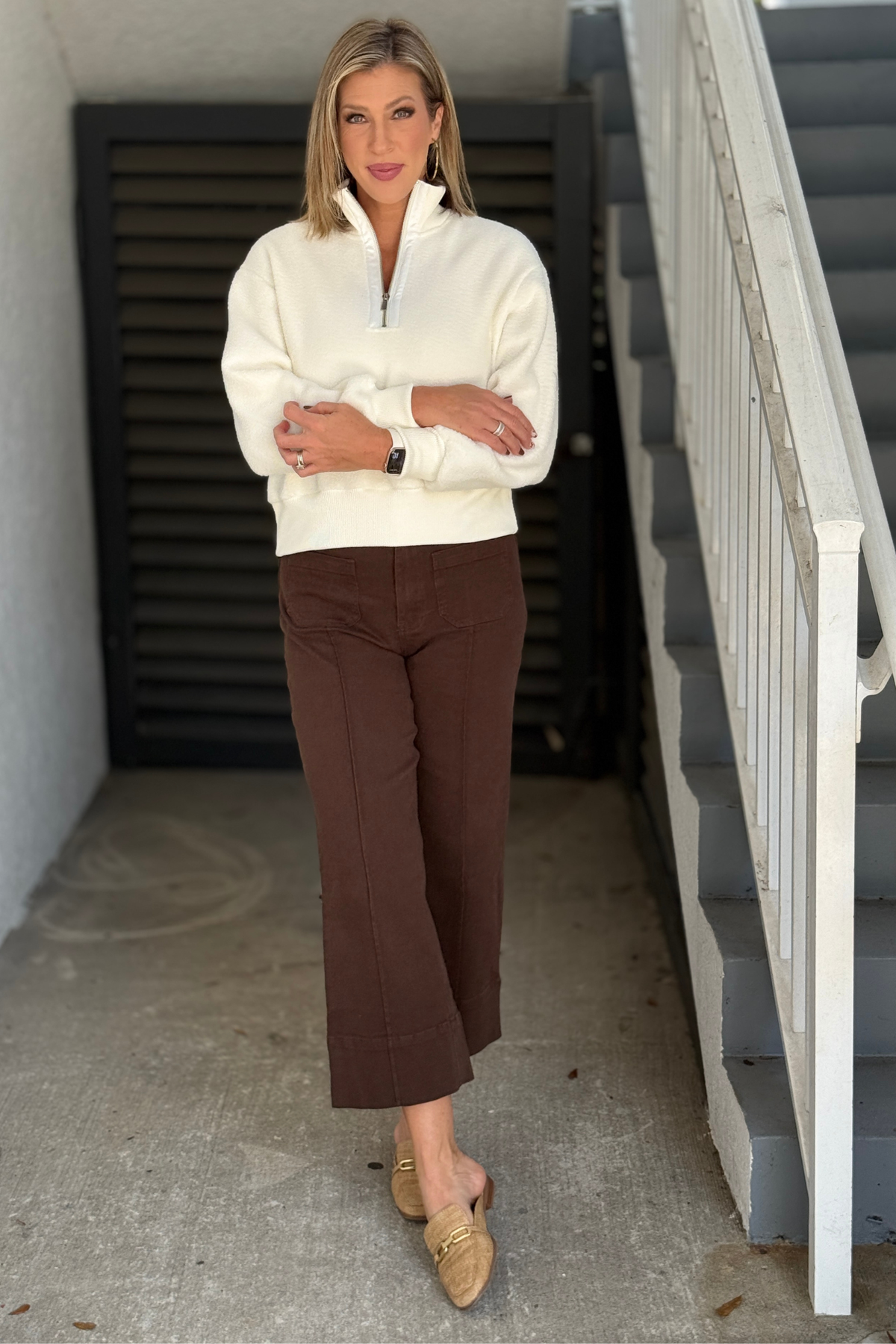 Charlie B Cozy Half-Zip Fleece Pullover in Ecru on model
